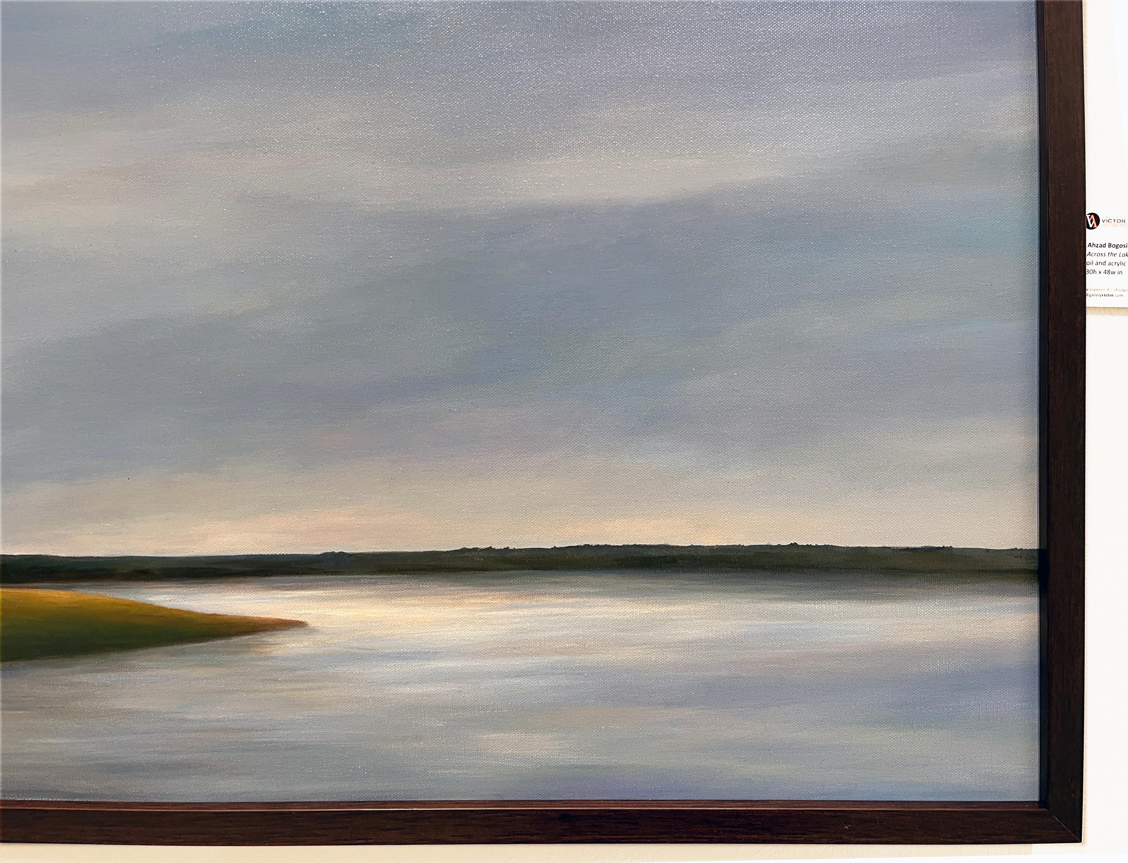 Al otro lado del lago - Pintura original de paisaje con cielo y paisaje dramáticos - Landscape Painting Gris de Ahzad Bogosian