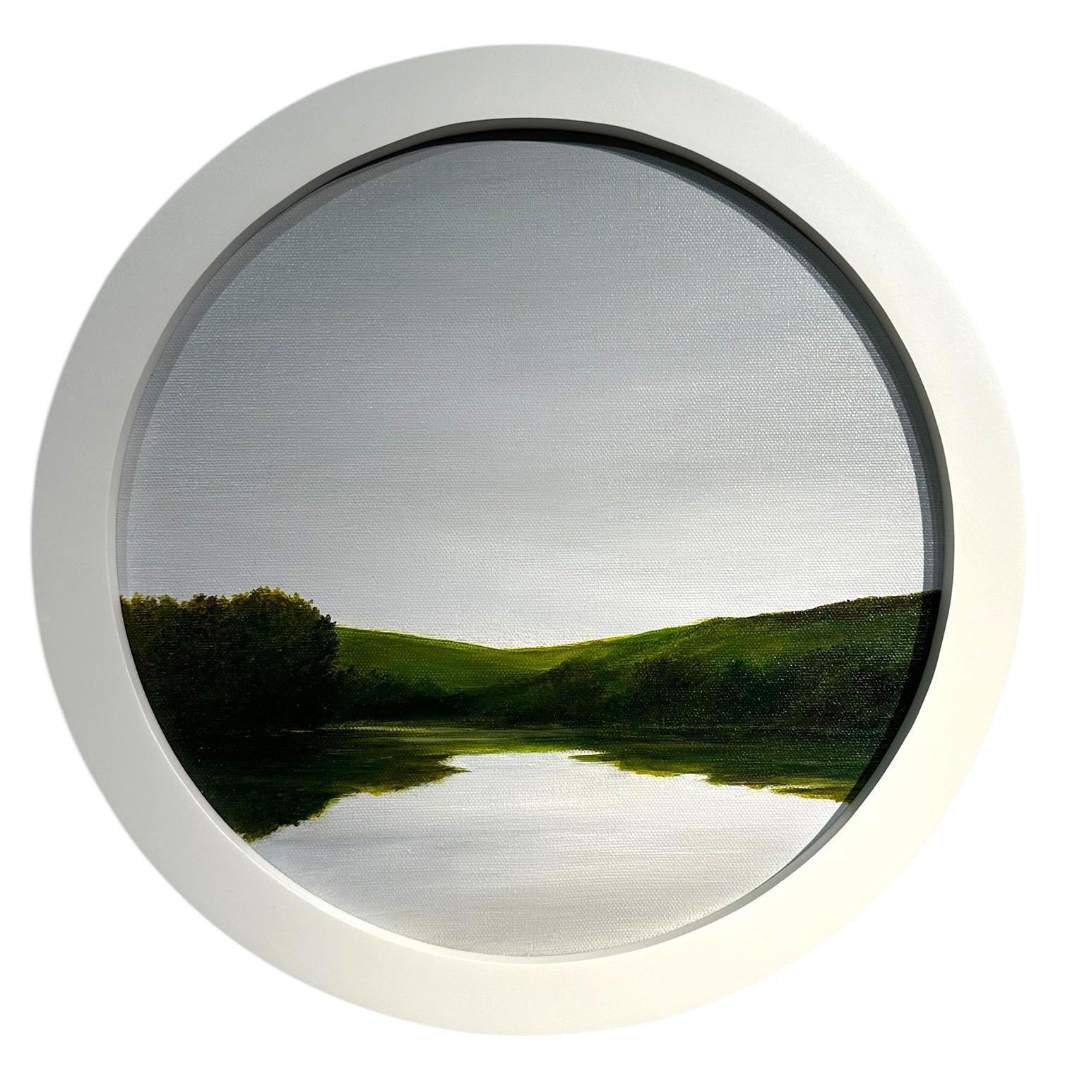Ahzad Bogosian Landscape Painting - After the Rain at the Lake - Gray rainy skies over river, Original oil painting