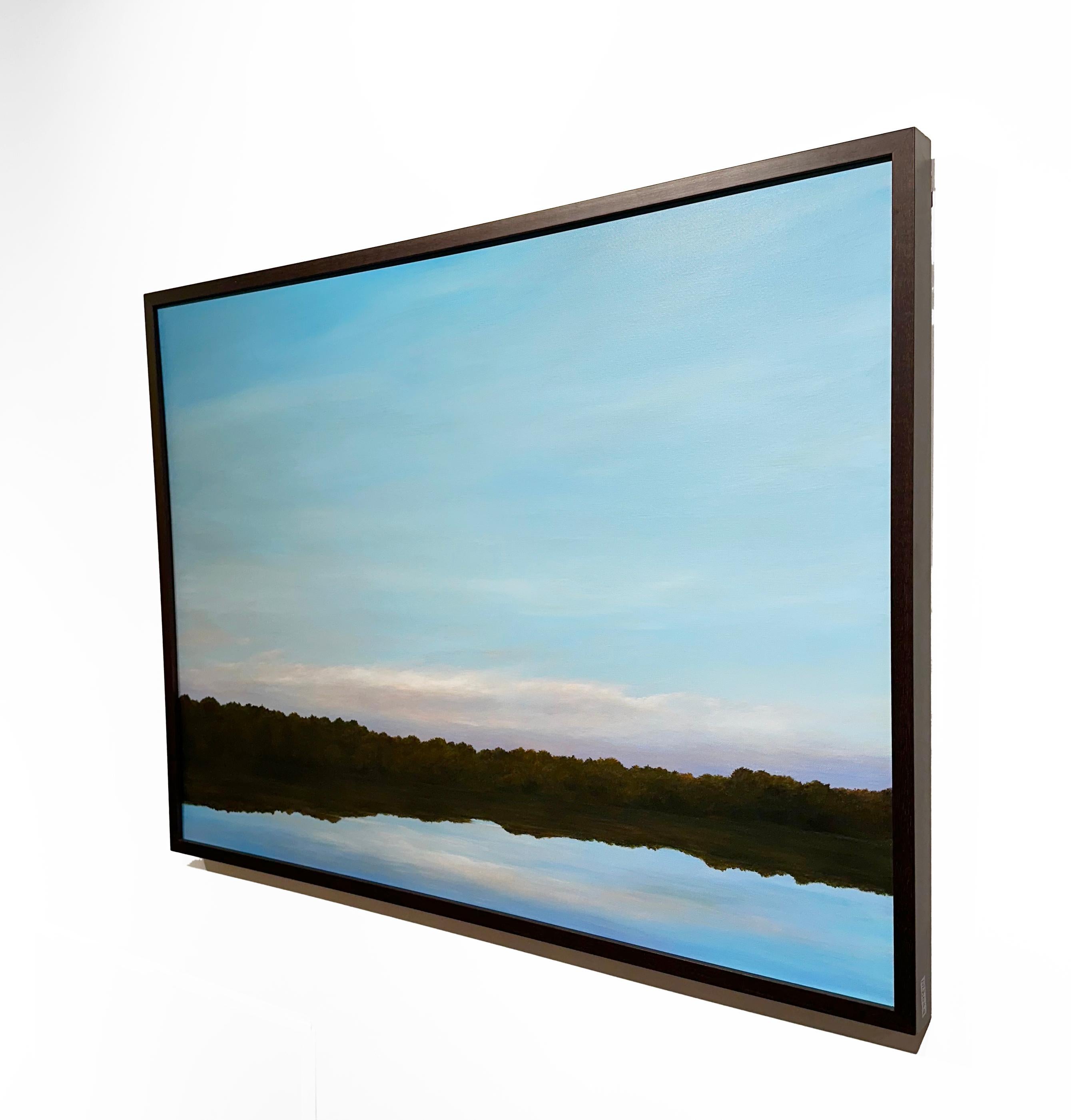 Almost Dusk, The North Branch of the Chicago River - Original Oil Painting - Blue Landscape Painting by Ahzad Bogosian