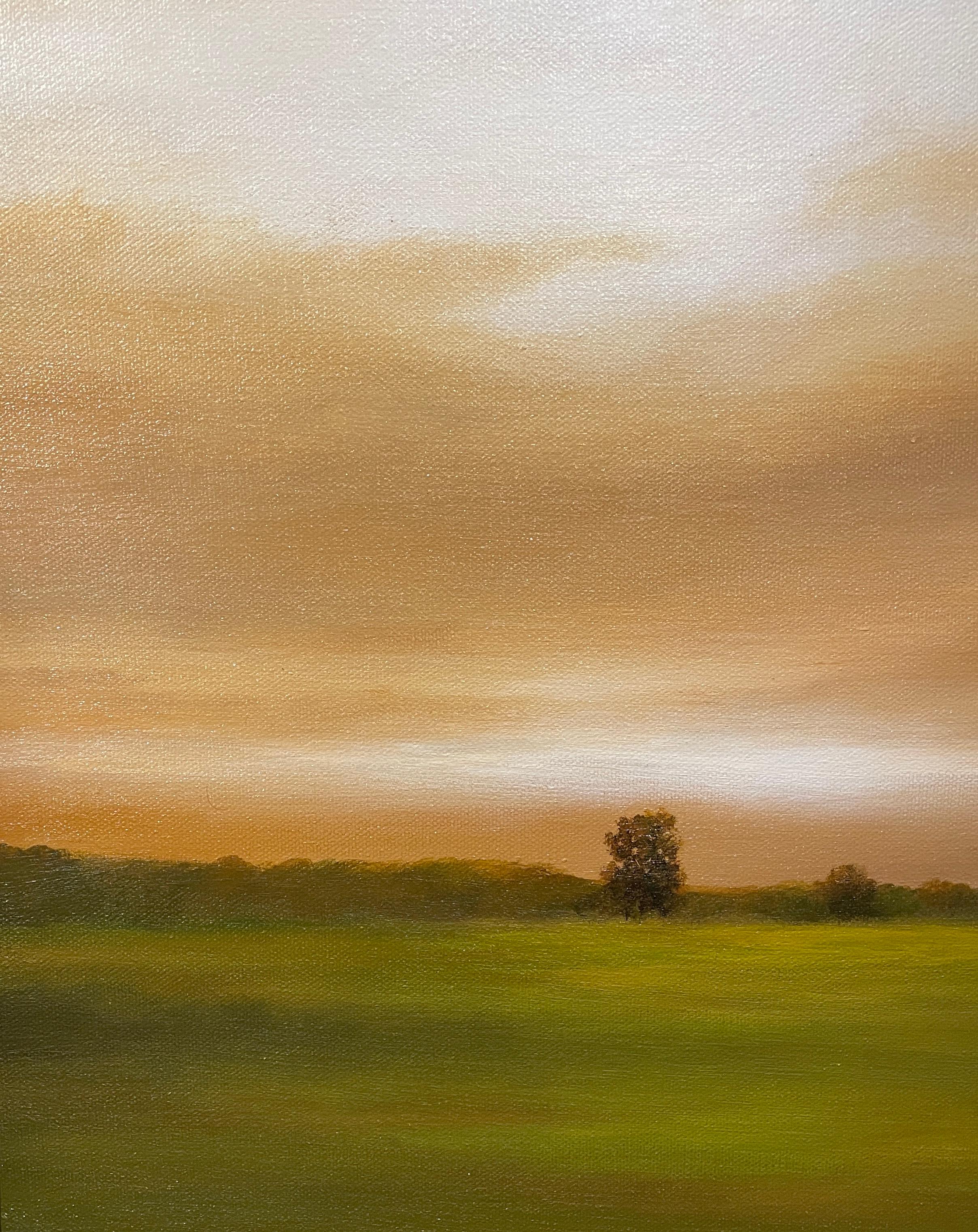Building Clouds, Quiet Pond - Original Oil Painting, Dramatic Sunset, Landscape - Gray Landscape Painting by Ahzad Bogosian