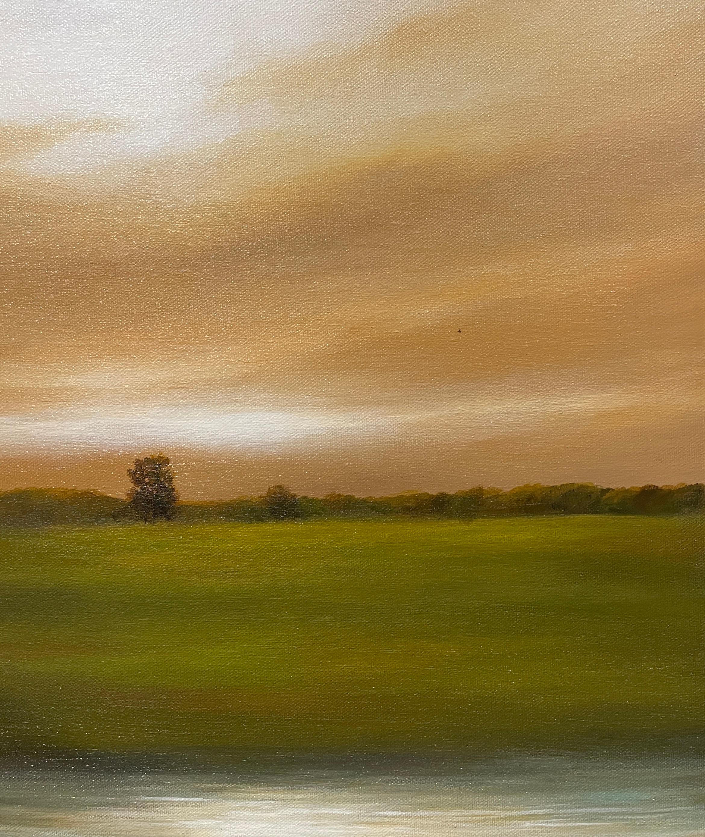 Peinture à l'huile originale, coucher de soleil dramatique, paysage, nuages de construction en vente 2