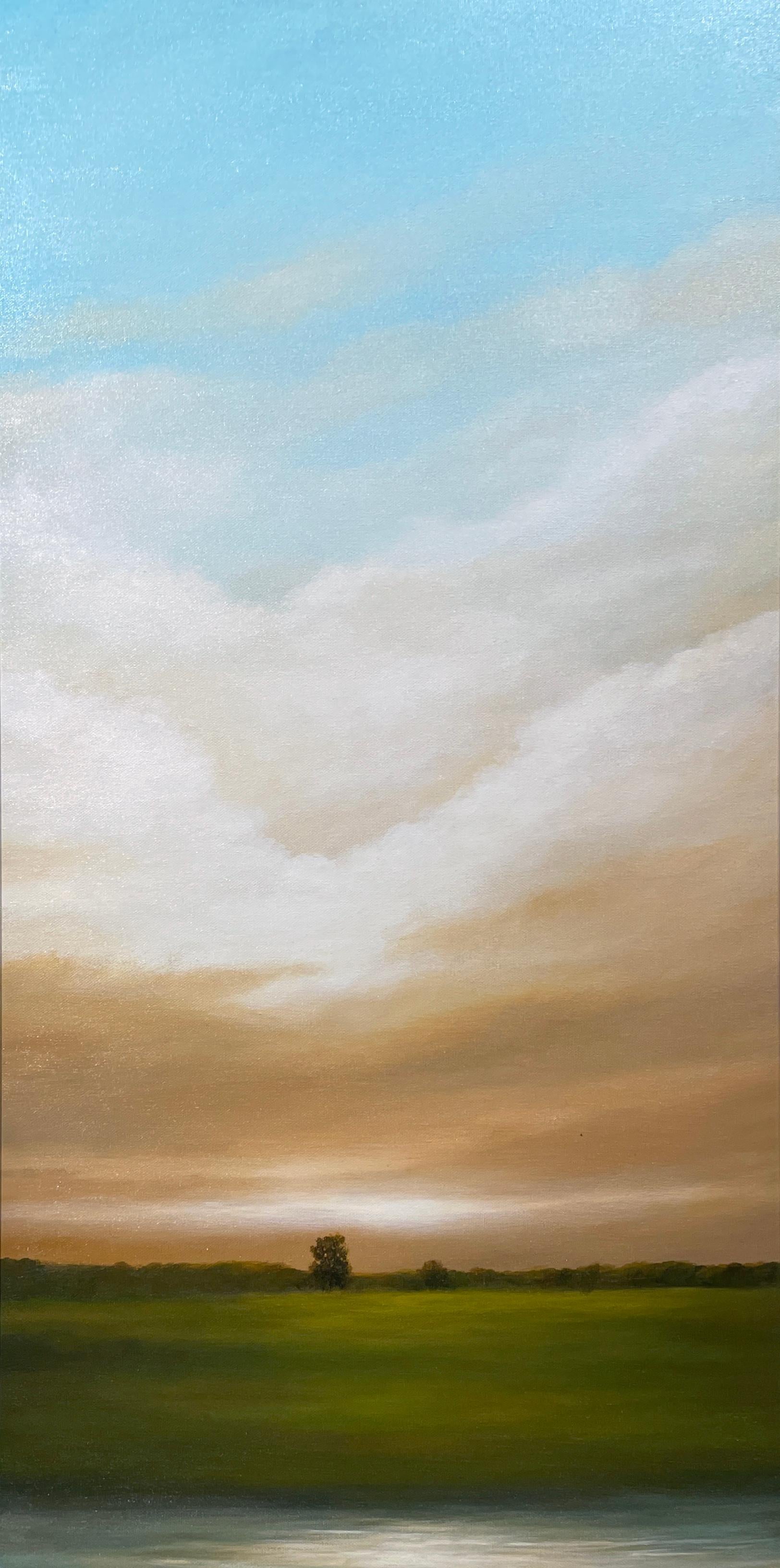 Building Clouds, Quiet Pond - Original Oil Painting, Dramatic Sunset, Landscape