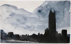 Clouds and Shadows, Watercolor Painting, City Skyline Silhouette, Framed