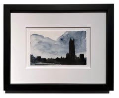 Clouds and Shadows, Watercolor Painting, City Skyline Silhouette, Framed
