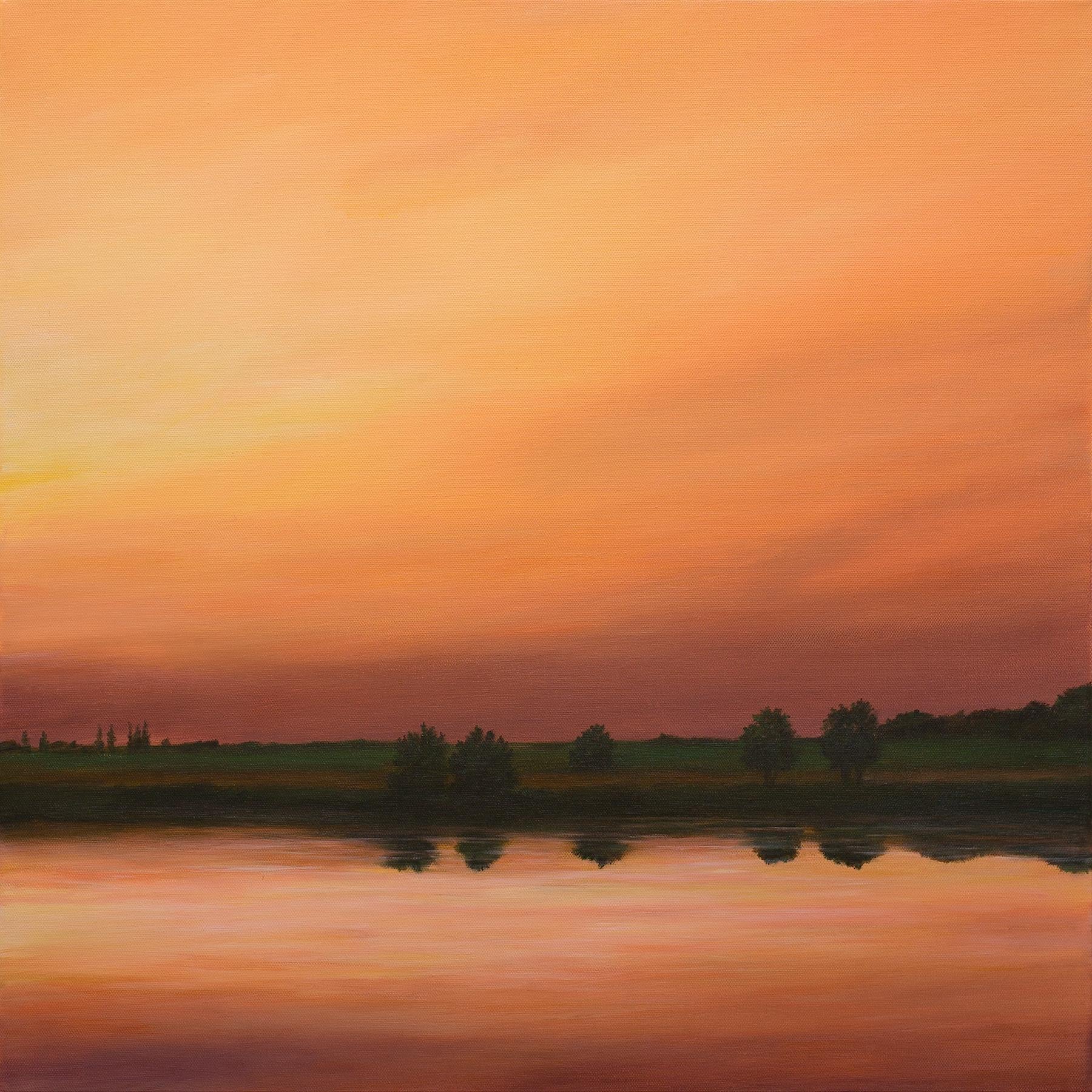 Peinture de paysage contemporaine, acrylique sur toile, cadre en noyer, ciel et eau