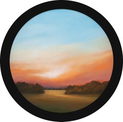 Contemporary Landscape Painting, Round Frame, Walnut, 20 in Diameter, Bogosian