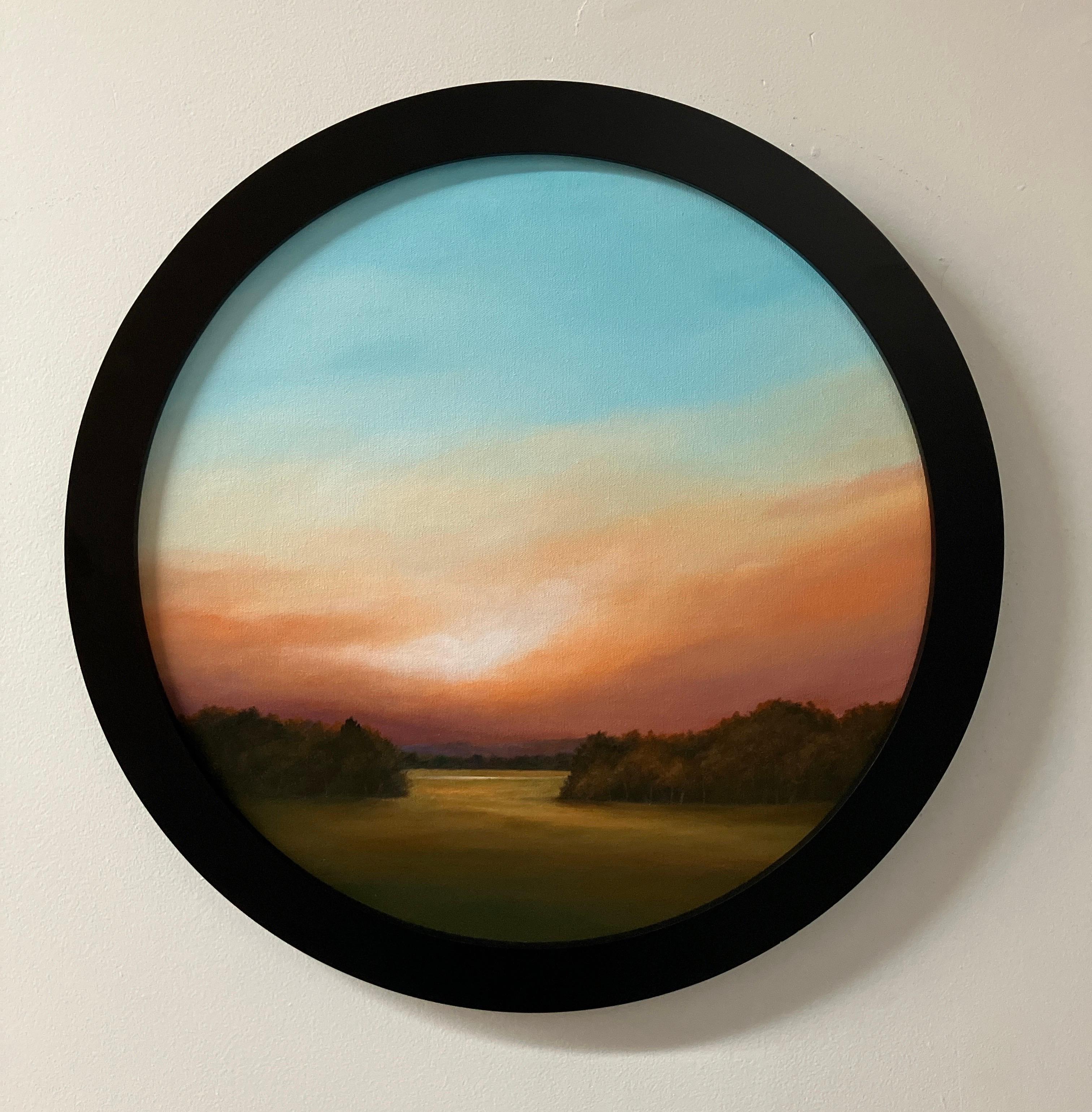 Zeitgenössische Landschaftsmalerei, runder Rahmen, Nussbaum, 20 cm Durchmesser, Bogosian
