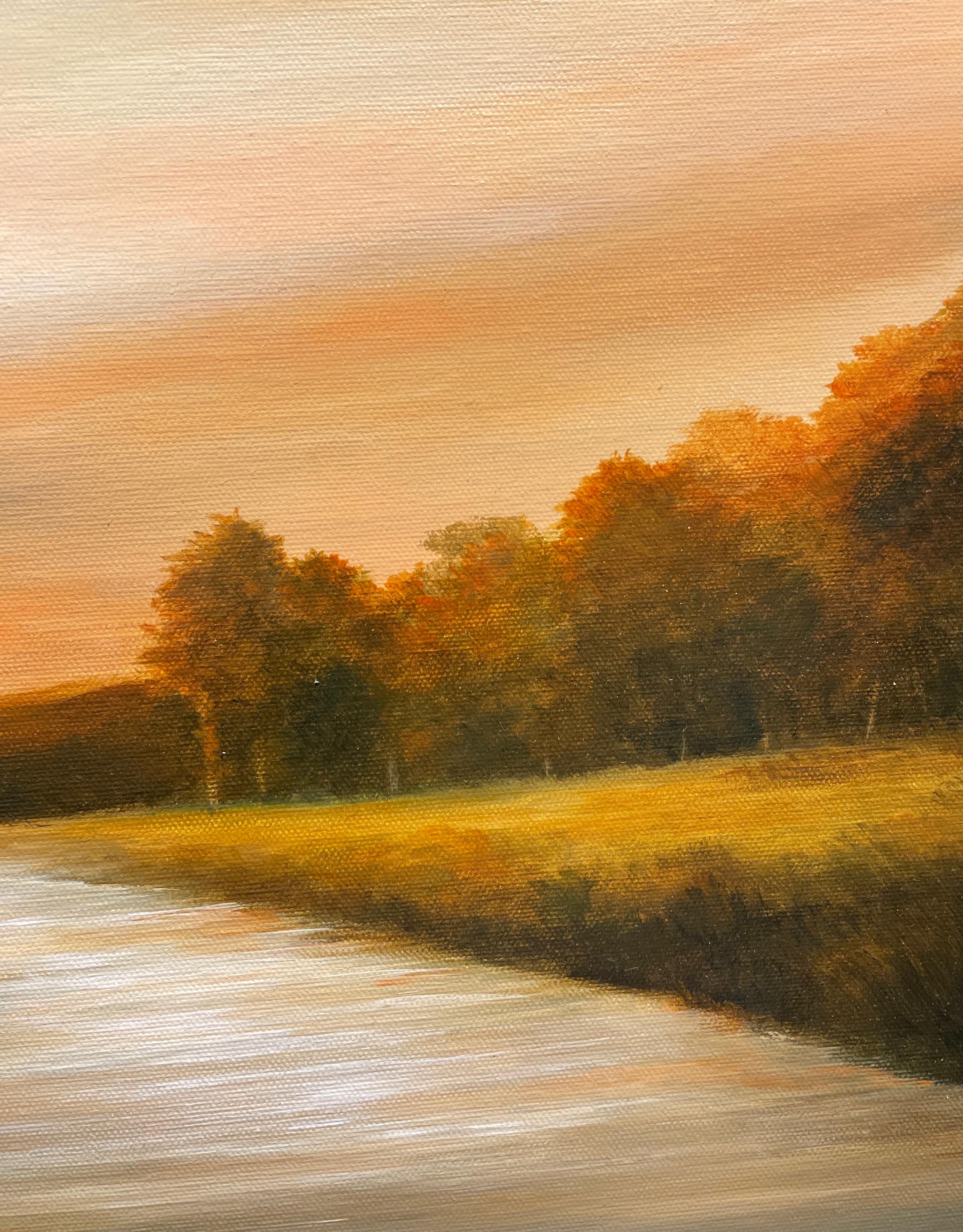 Creek Bend at Dusk - Original Oil Painting with a Golden Landscape, River Scene - Beige Landscape Painting by Ahzad Bogosian