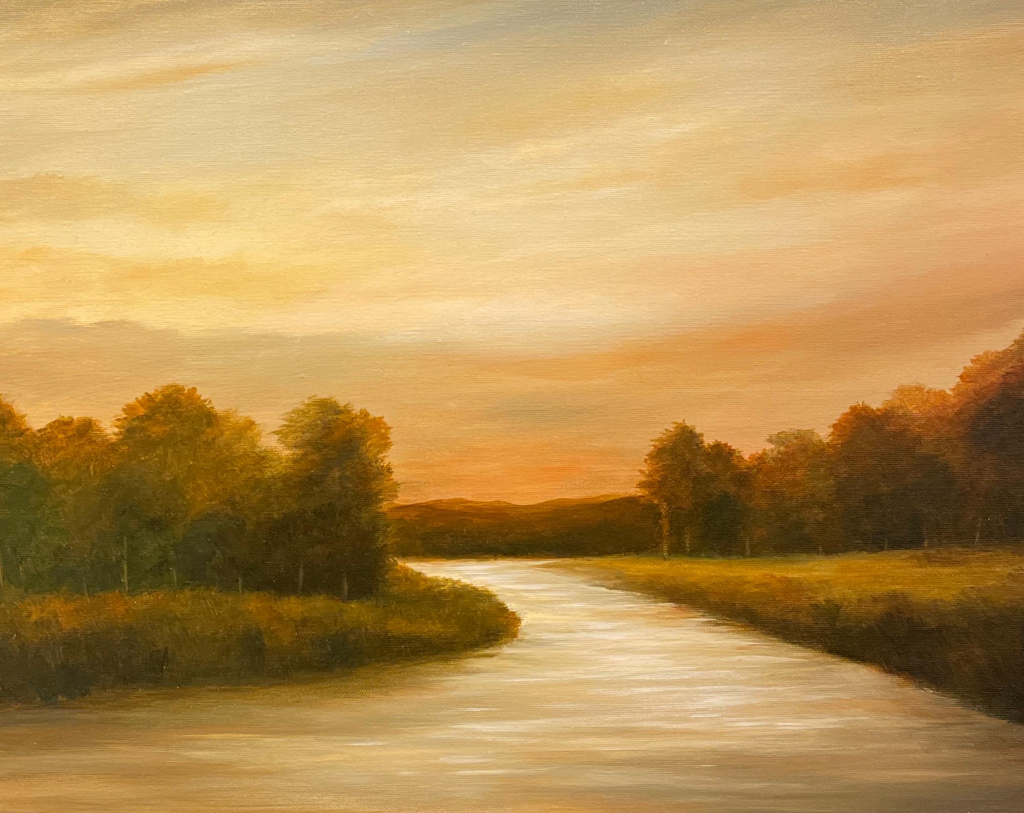 Ahzad Bogosian Landscape Painting - Creek Bend at Dusk - Original Oil Painting with a Golden Landscape, River Scene
