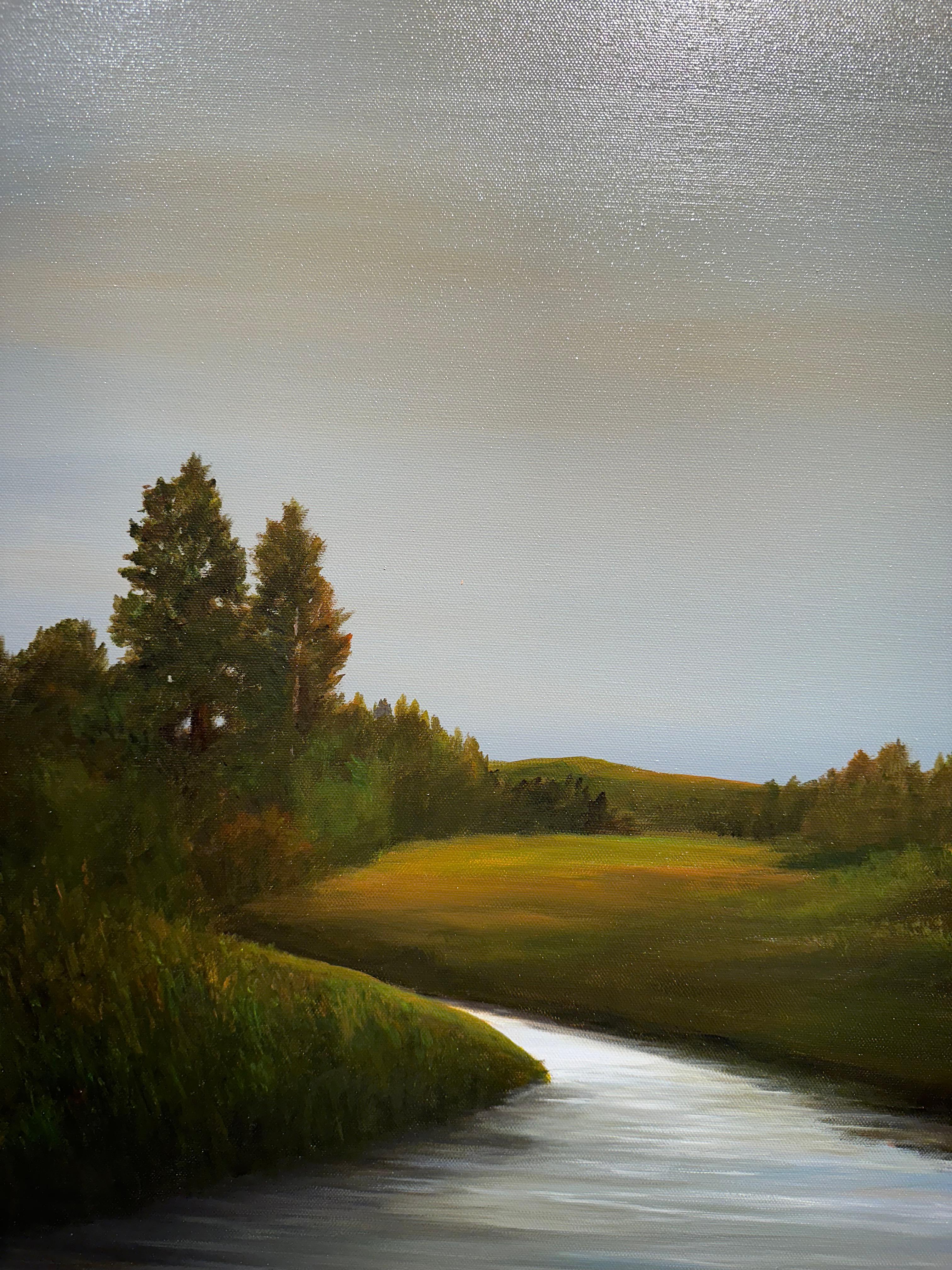 Creek Bend, Sister Bay - Cielo azul y nublado sobre el río, Pintura al óleo original - Painting Contemporáneo de Ahzad Bogosian