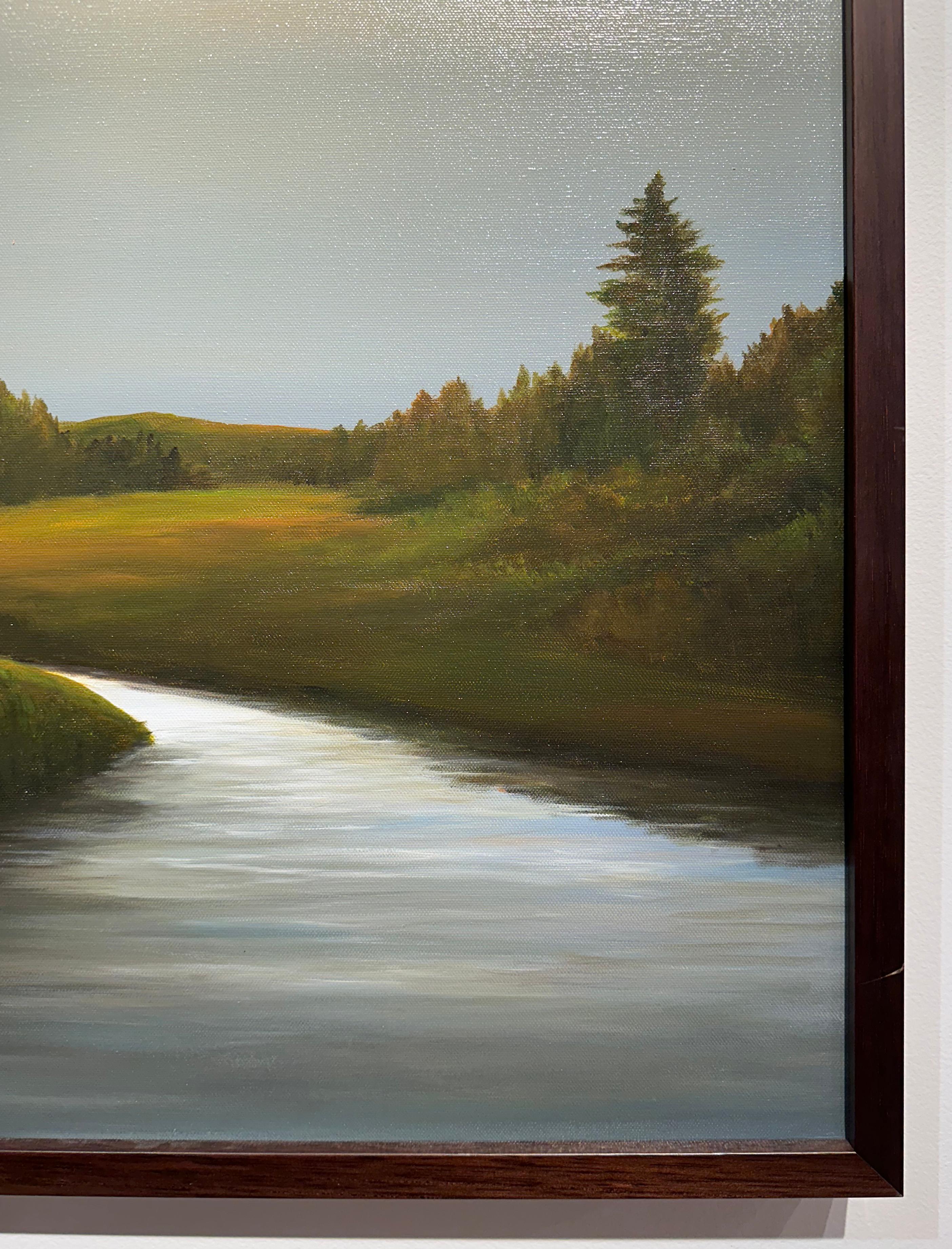 Creek Bend, Sister Bay - Cielo azul y nublado sobre el río, Pintura al óleo original - Landscape Painting Gris de Ahzad Bogosian