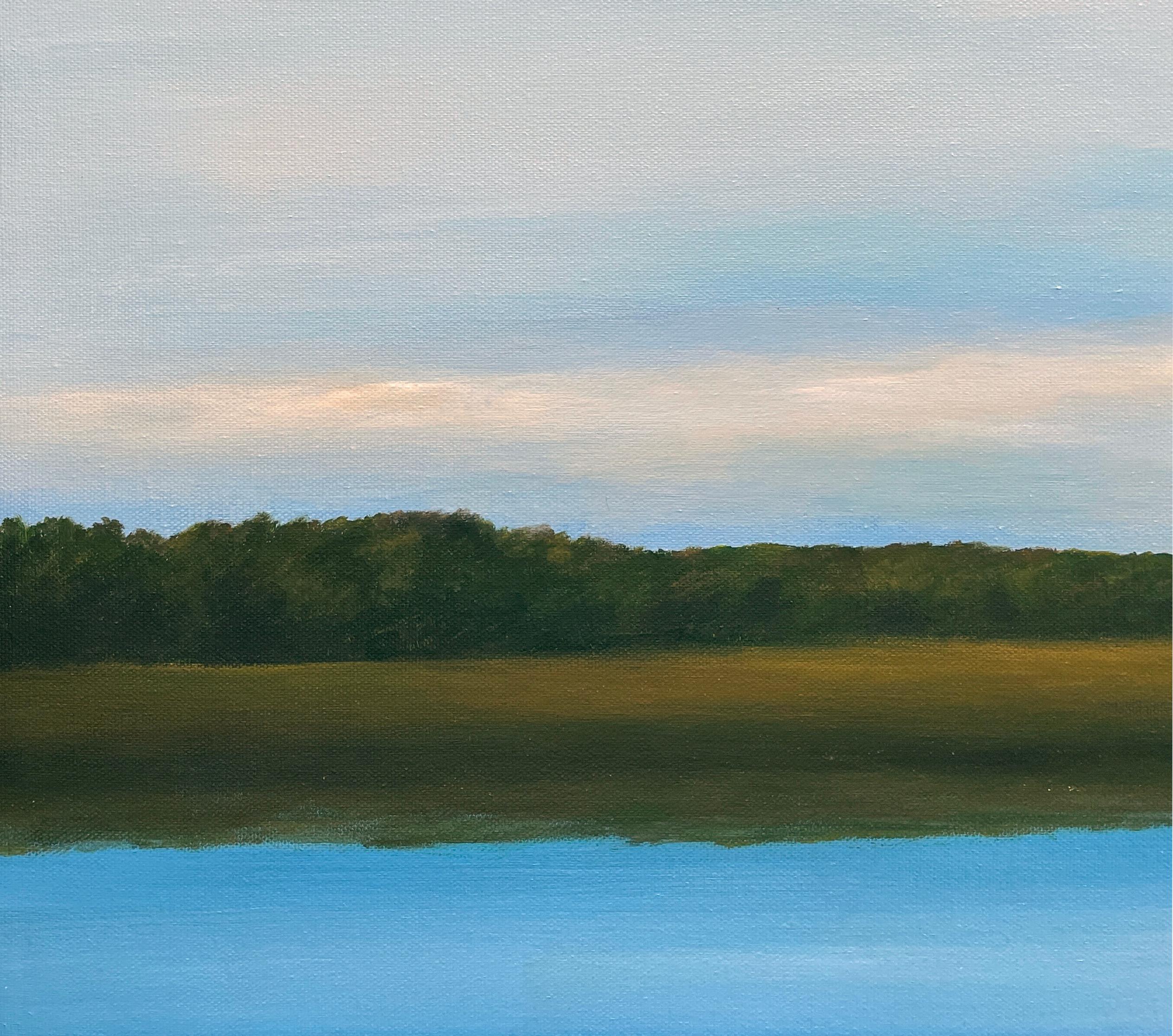 Luce finale sul lago - Paesaggio sereno, ampio cielo nuvoloso e lago calmo - Landscape Painting Blu di Ahzad Bogosian