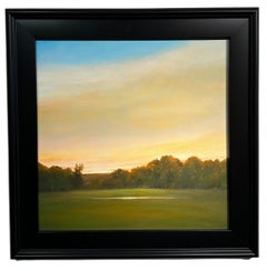 Peinture de paysage champêtre d'automne - ciel doré reflété dans un petit étang
