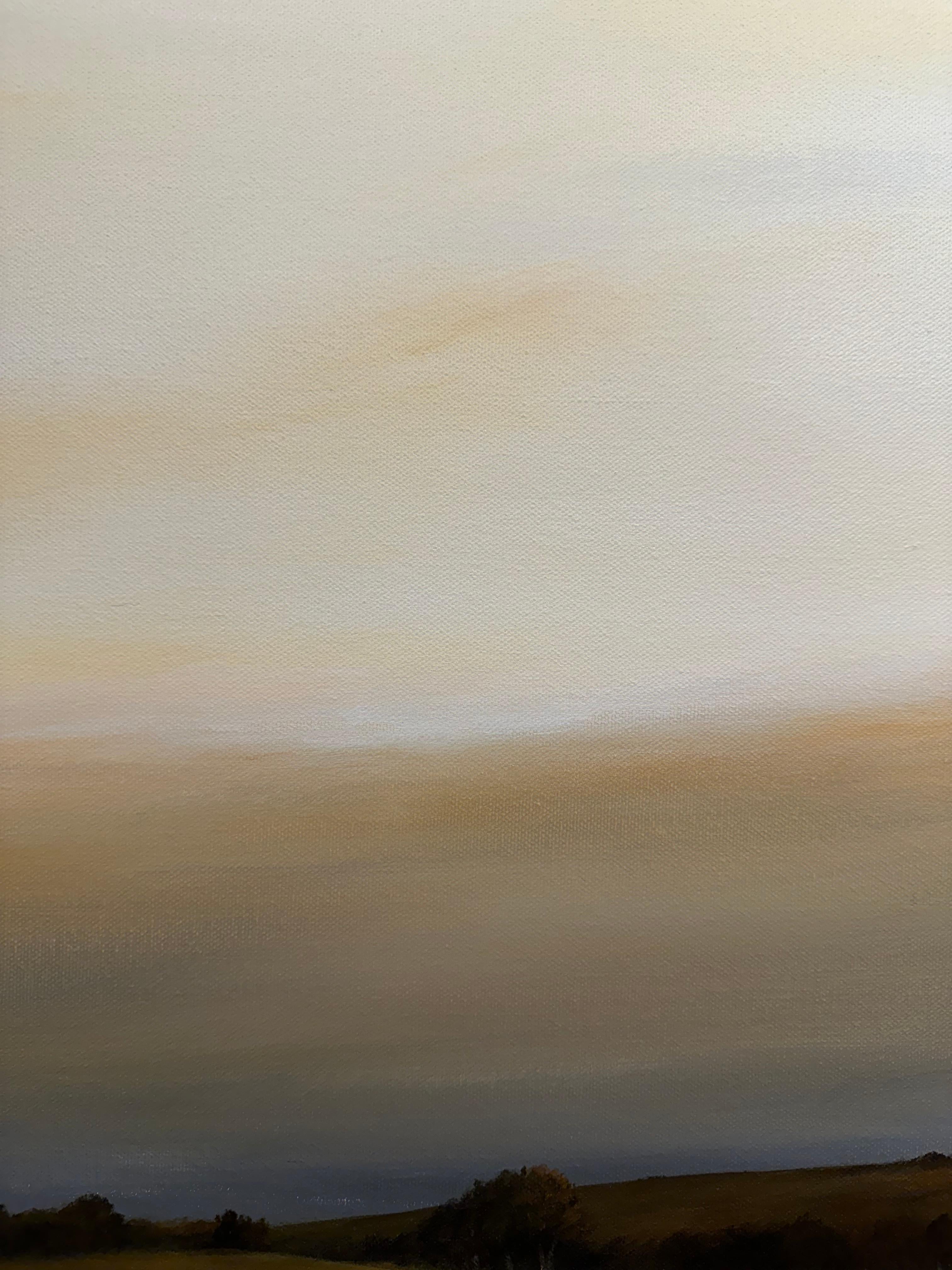 Hille e campi a nord di Madison - Paesaggio con cielo dorato, pittura - Landscape Painting Beige di Ahzad Bogosian