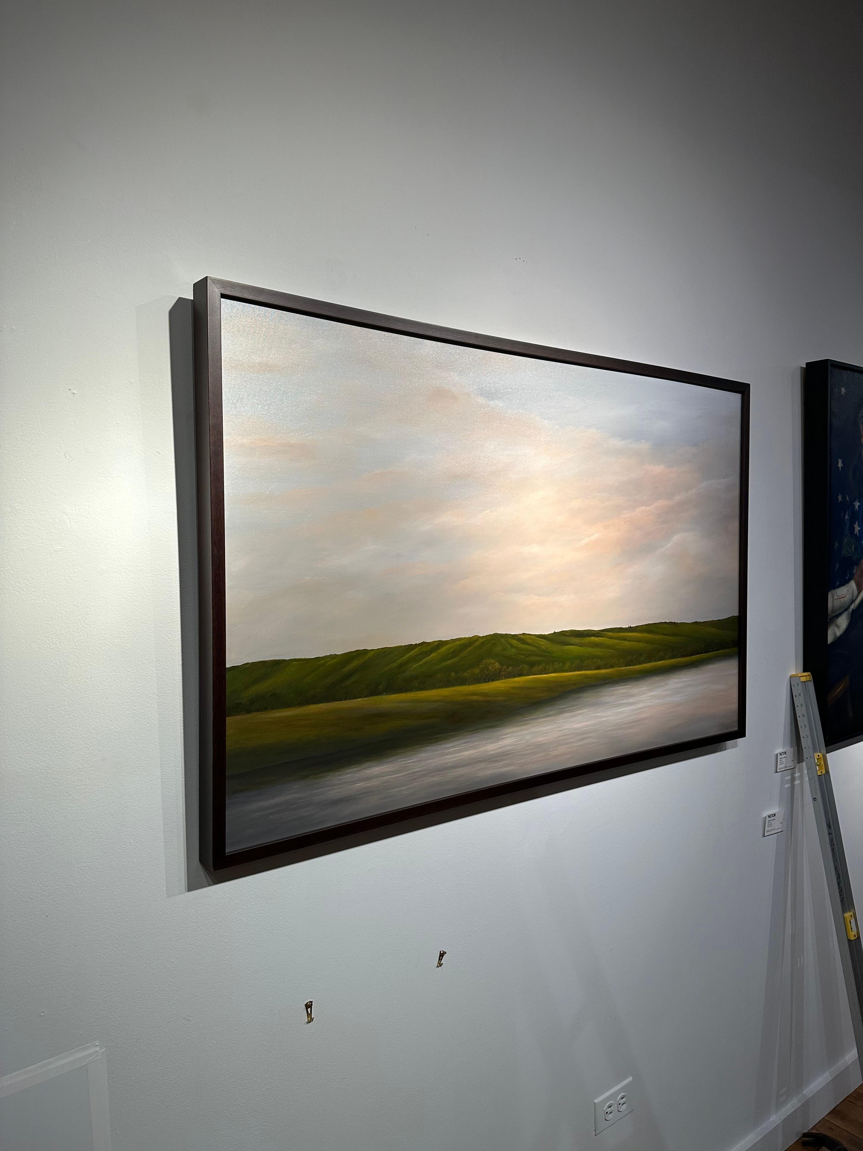 Hille e fiume - Cielo nuvoloso sul fiume, pittura ad olio originale in vendita 3