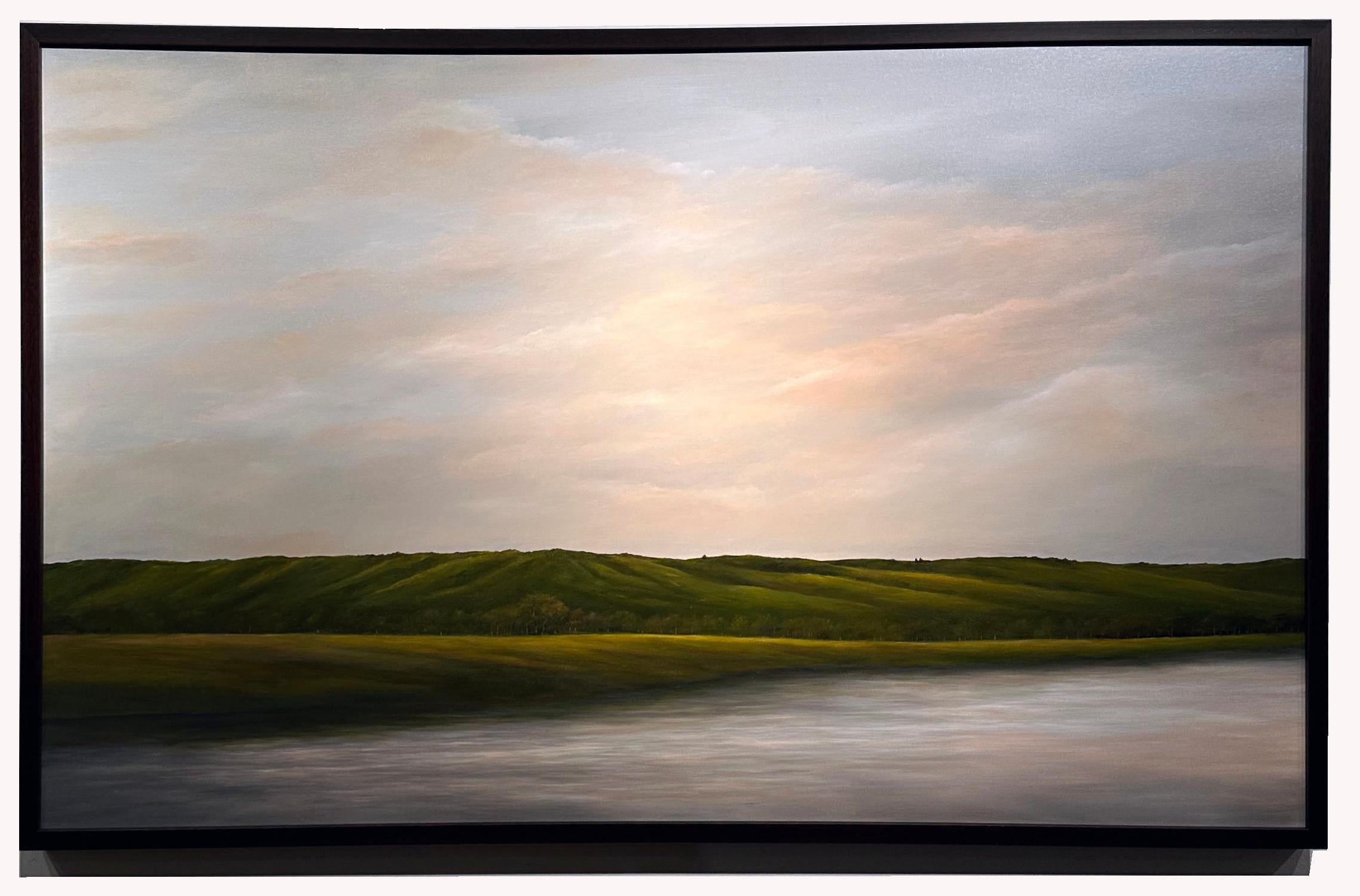 Hille e fiume - Cielo nuvoloso sul fiume, pittura ad olio originale in vendita 4