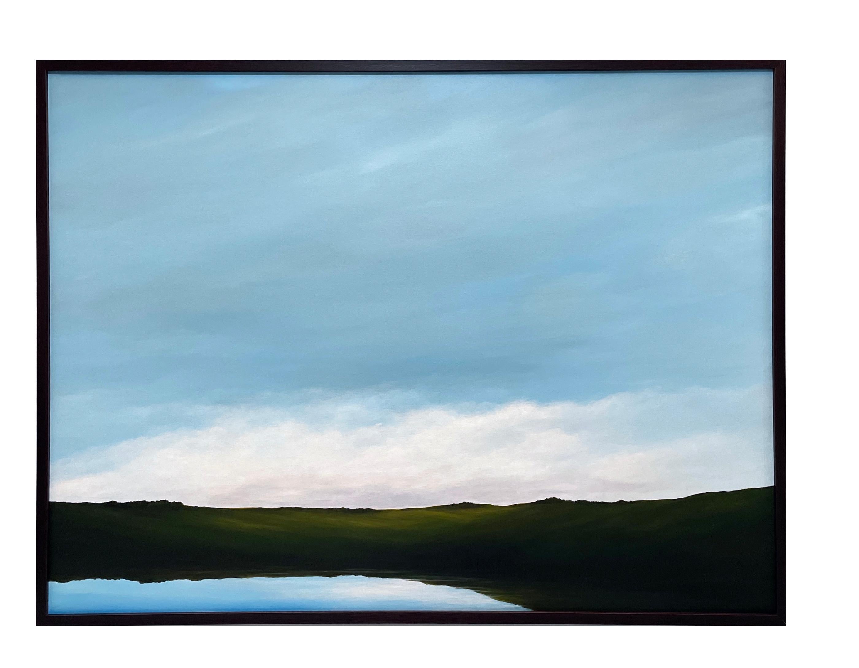 Lagoon - Serene Landscape, Expansive Cloudy Sky with Calm Lake, Original Oil  - Blue Landscape Painting by Ahzad Bogosian