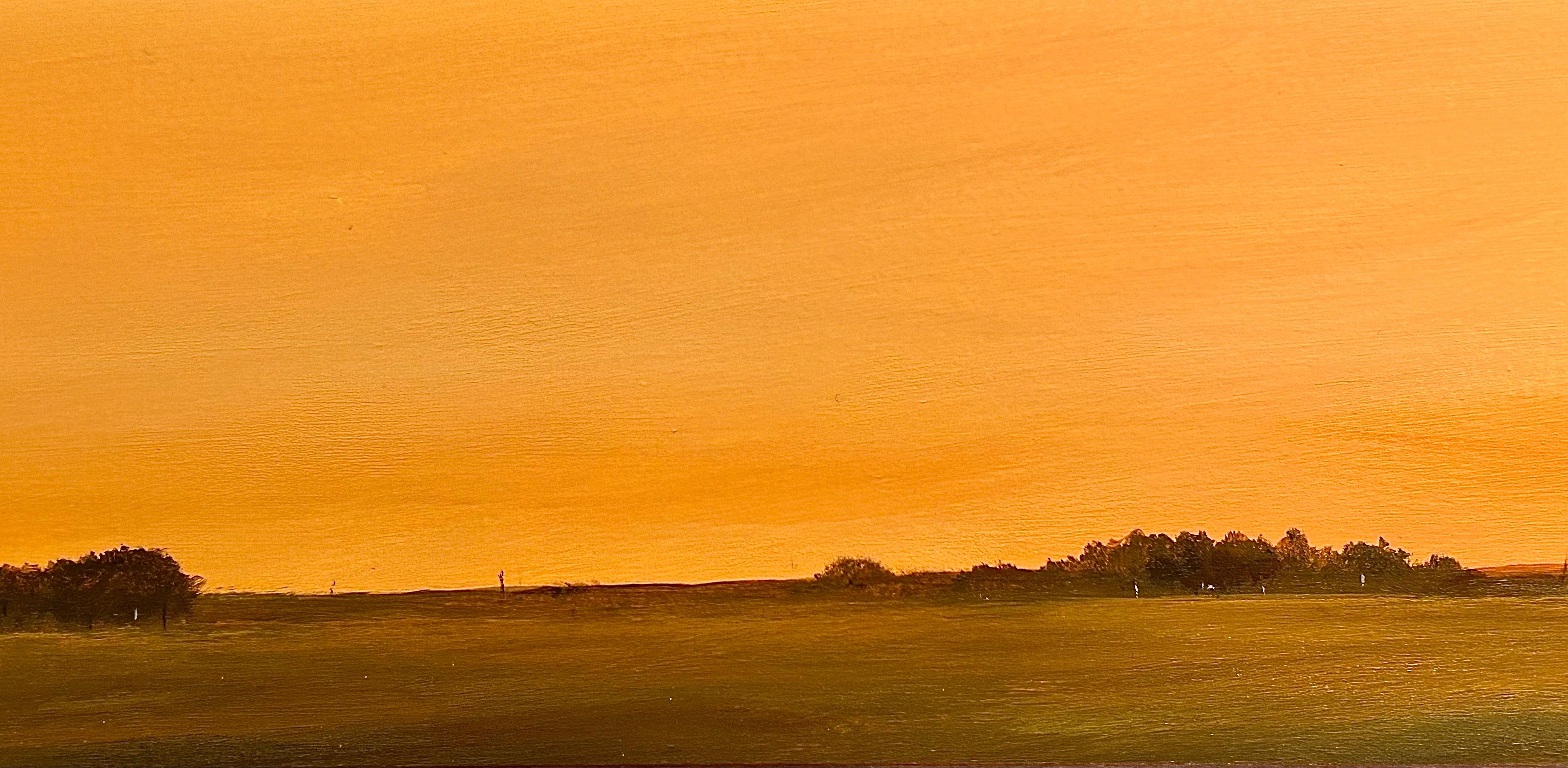 Tardo pomeriggio a nord di Chatham - Pittura ad olio originale di lungo formato incorniciata - Landscape Painting Arancia di Ahzad Bogosian