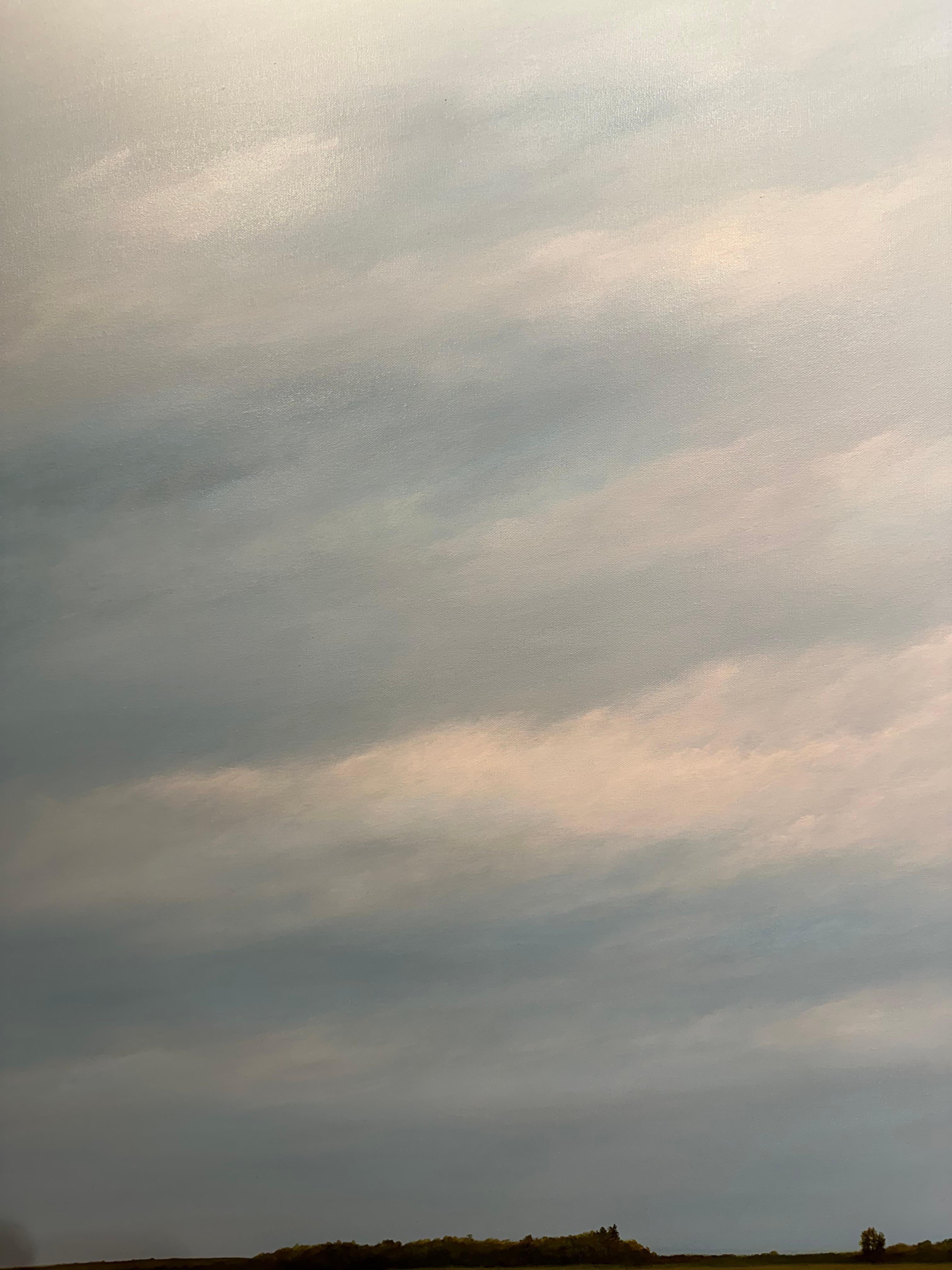 Levantando Nubes - Cielo Azul Sobre Paisaje con Río, Pintura Original Enmarcada - Painting de Ahzad Bogosian