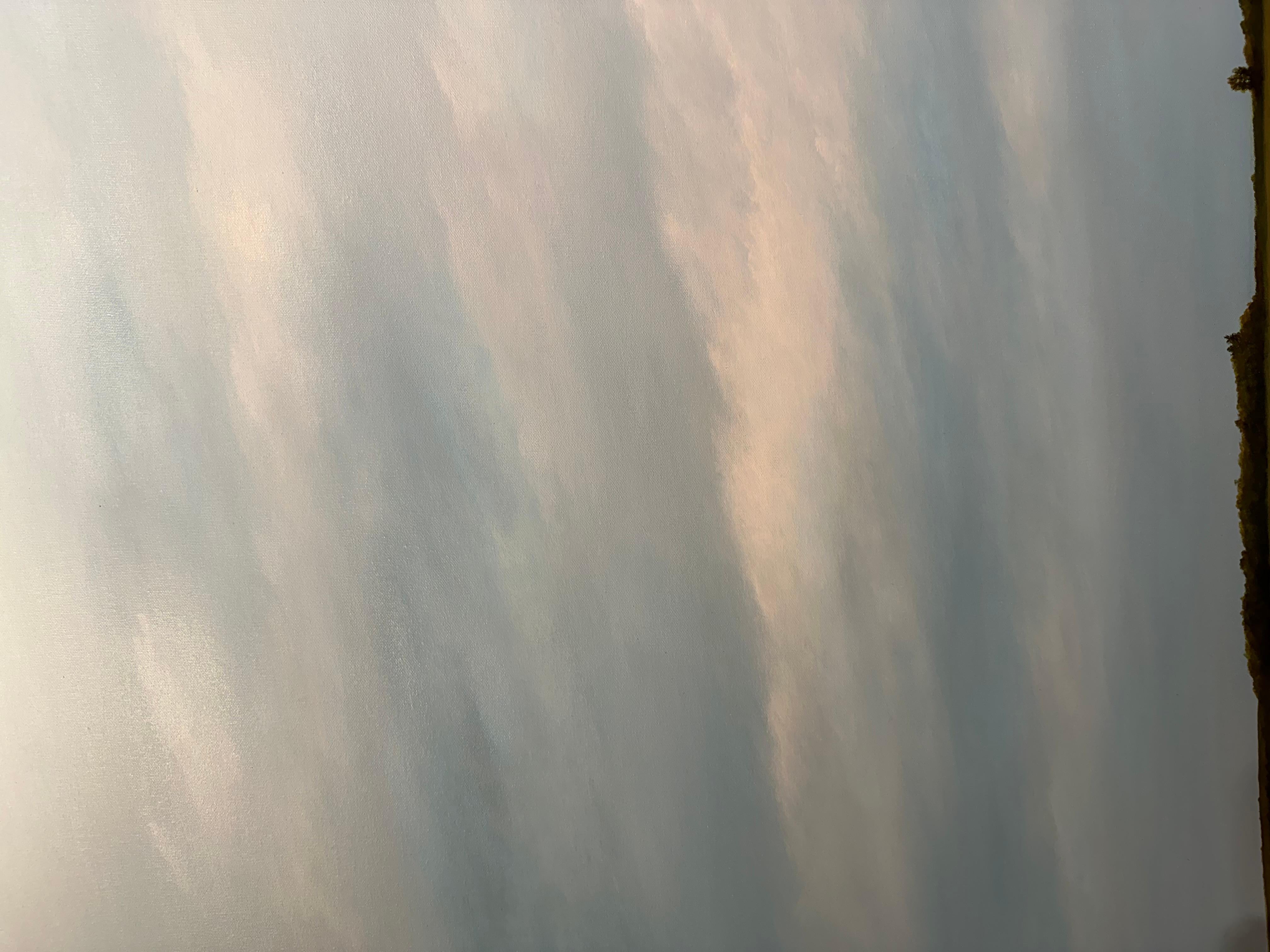 Lifting Clouds - Blue Sky Over Landscape with River, Original Gemälde gerahmt – Painting von Ahzad Bogosian