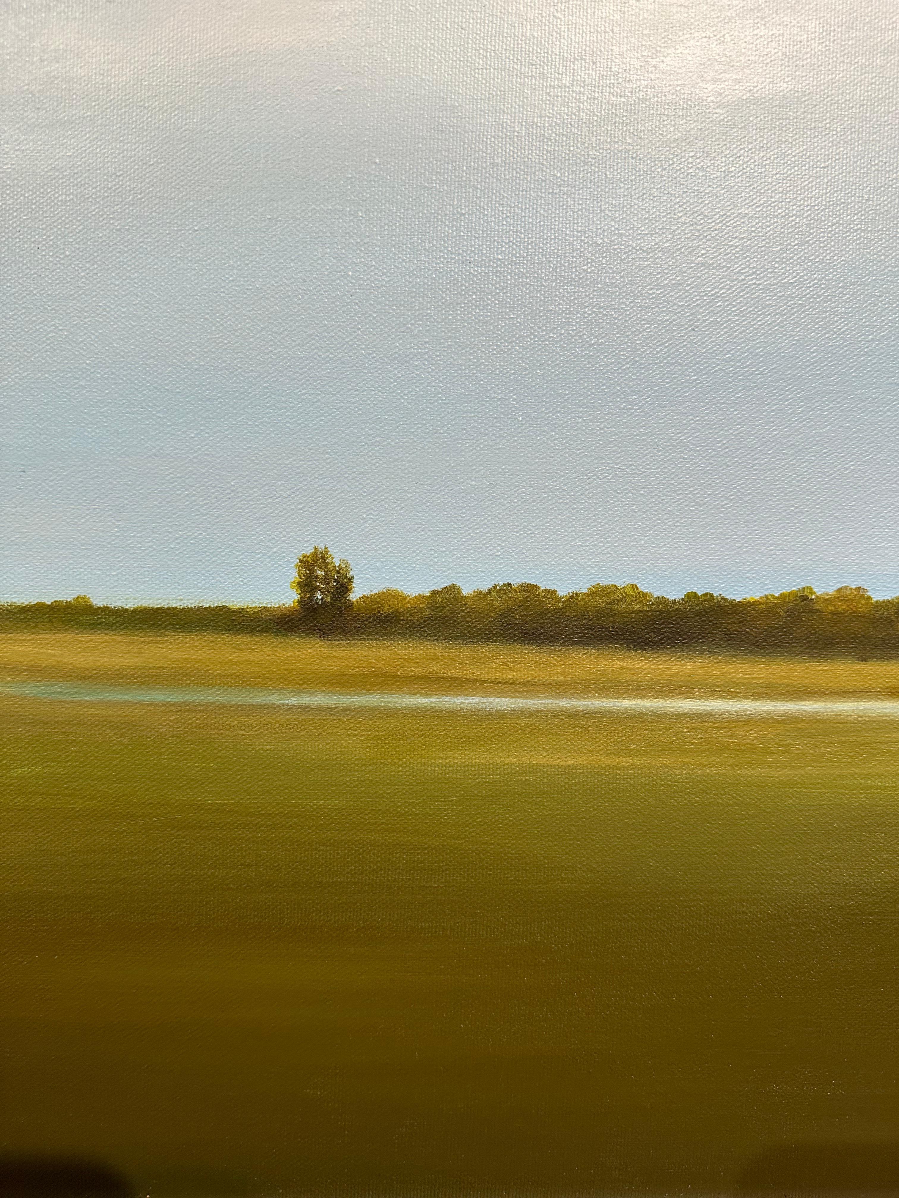 Levantando Nubes - Cielo Azul Sobre Paisaje con Río, Pintura Original Enmarcada en venta 1