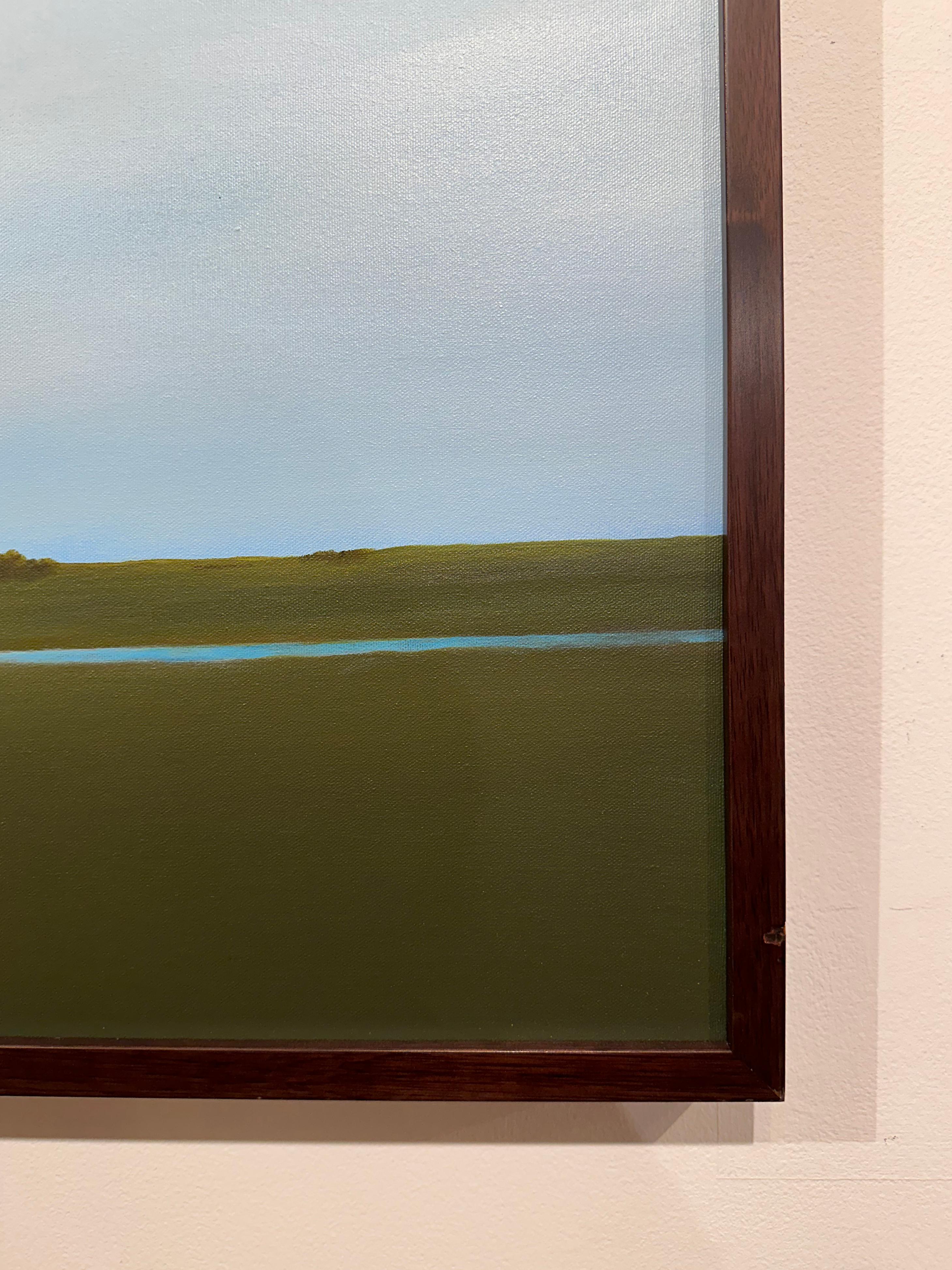 Lifting Clouds - Blue Sky Over Landscape with River, Original Gemälde gerahmt im Angebot 1