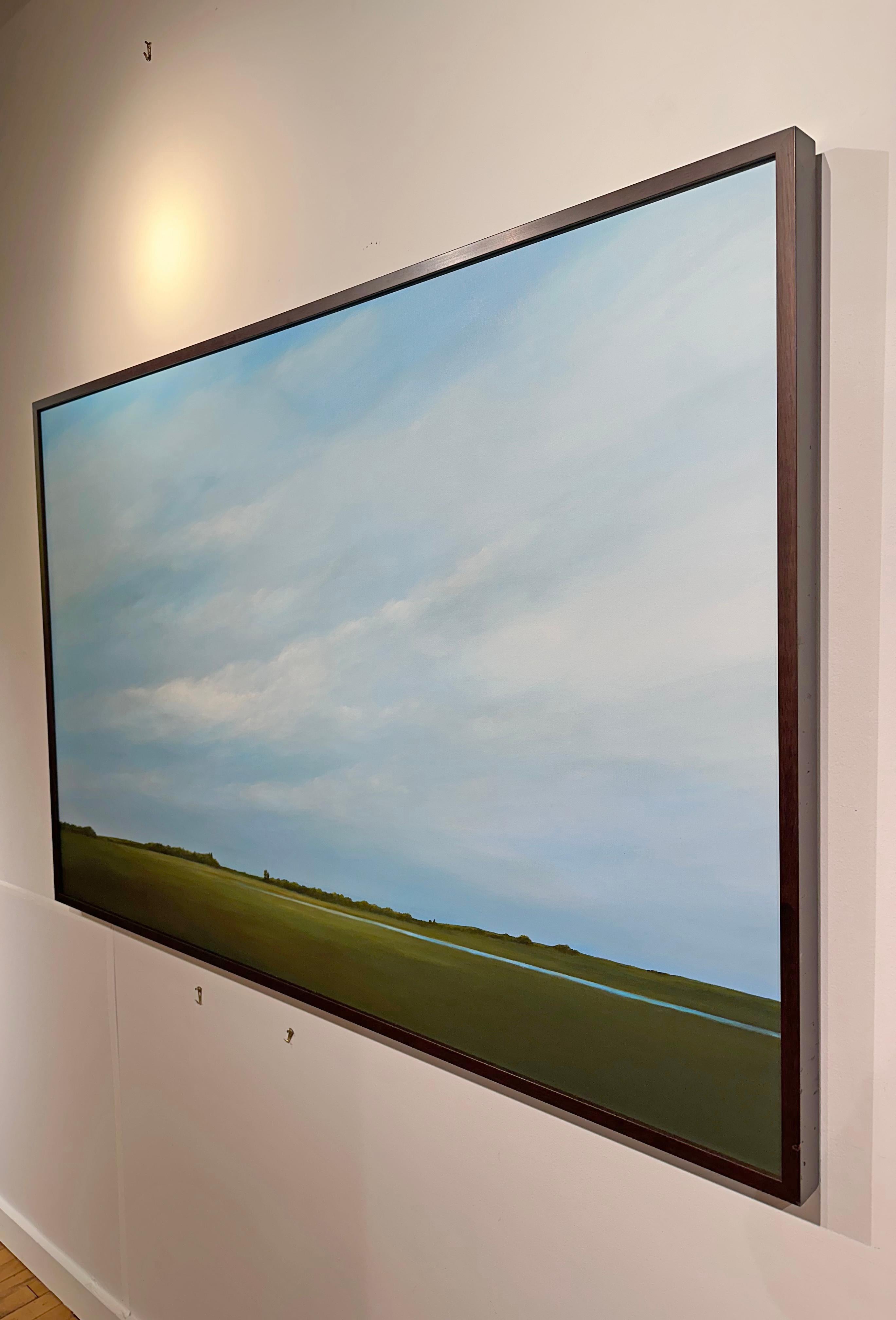 Lifting Clouds - Blue Sky Over Landscape with River, Original Gemälde gerahmt im Angebot 2
