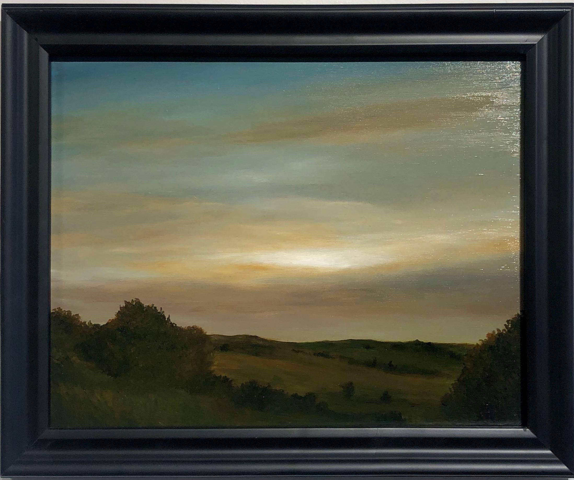 Light Above the Hills, Serene Landscape , Sun Peaking Thought Hazy Sky, Framed - Painting by Ahzad Bogosian