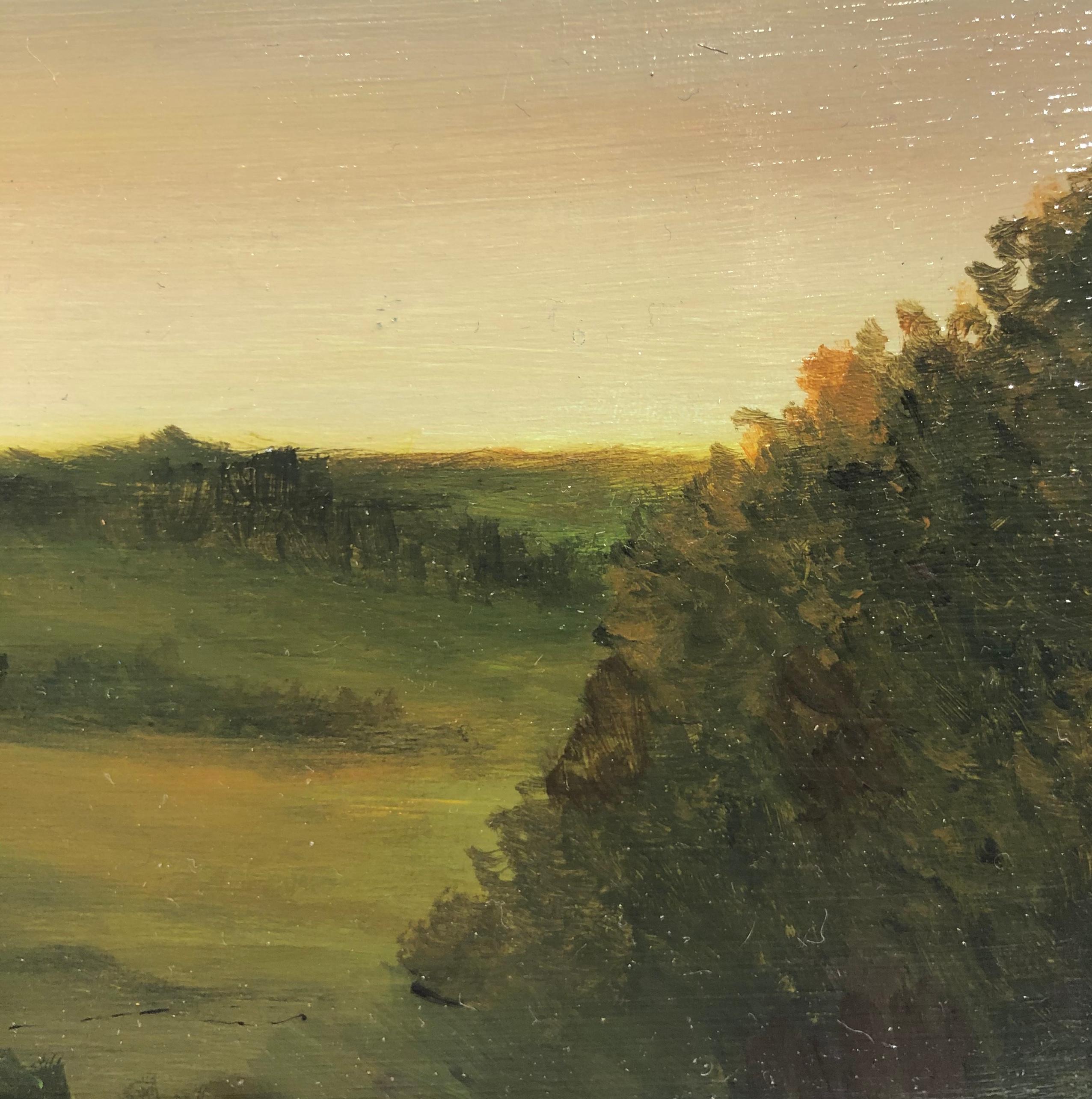 The sun peaks though the hazy clouds in this serene Midwestern landscape as only Ahzad Bogosian can capture.  This tranquil landscape, devoid of any human interaction, captures the complexities and beauty of mother nature.  The painting is framed in