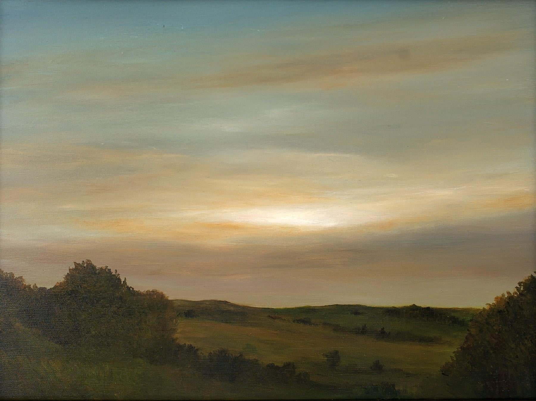 Ahzad Bogosian Landscape Painting - Light Above the Hills, Serene Landscape , Sun Peaking Thought Hazy Sky, Framed