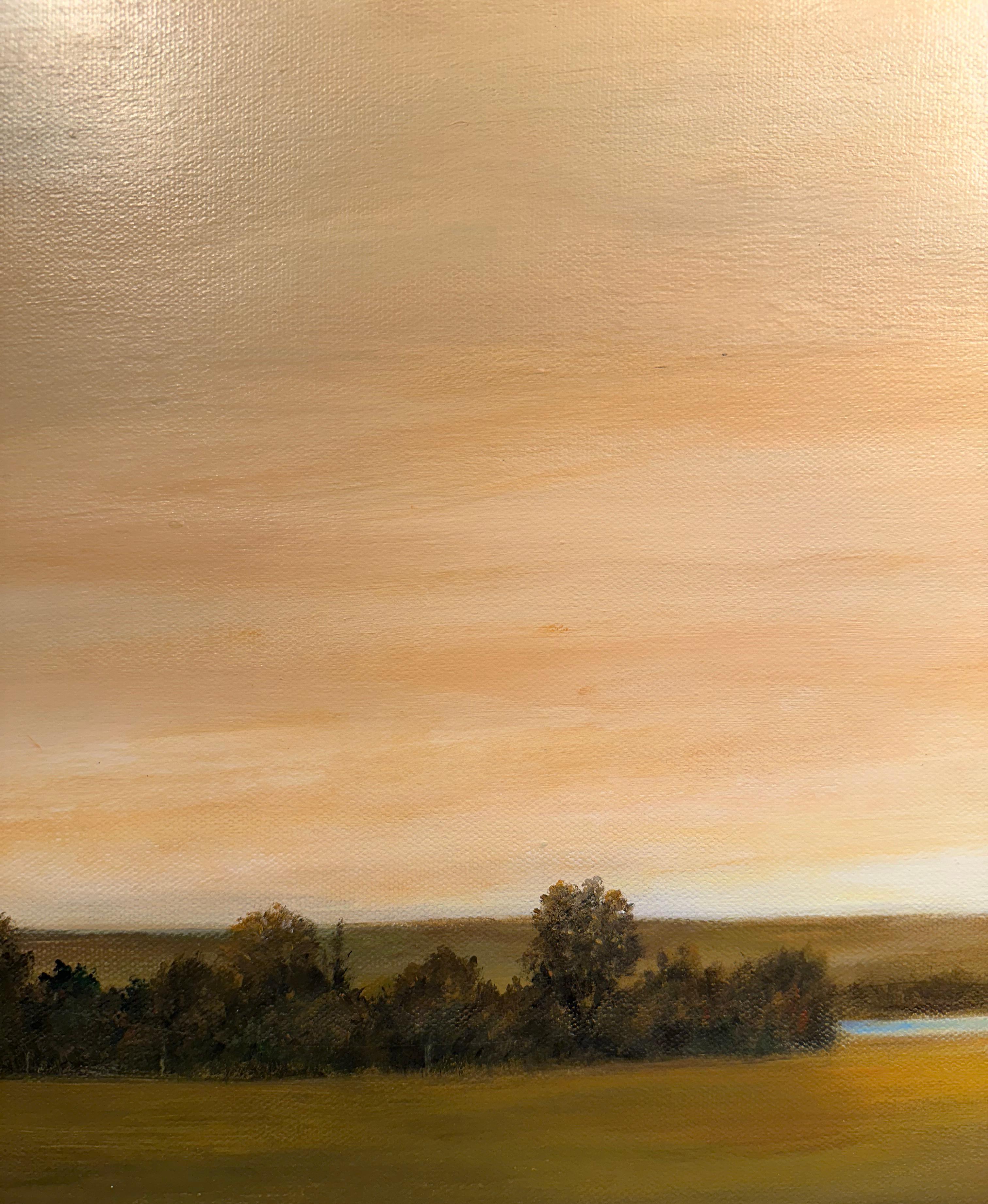 Licht über dem Fluss - Gelbe Himmel über einer minimalistischen Landschaft, Öl, gerahmt – Painting von Ahzad Bogosian