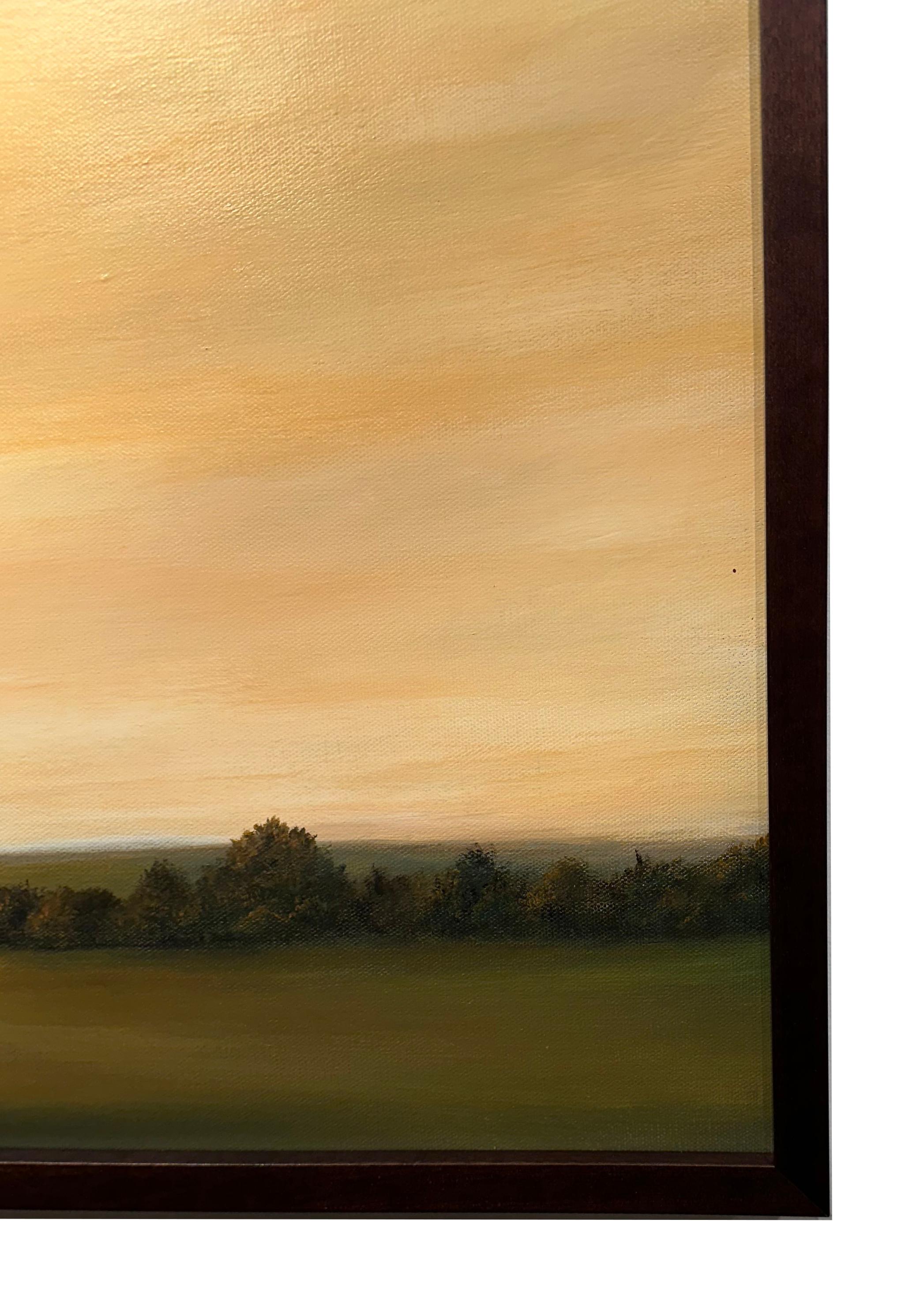 Licht über dem Fluss - Gelbe Himmel über einer minimalistischen Landschaft, Öl, gerahmt im Angebot 1