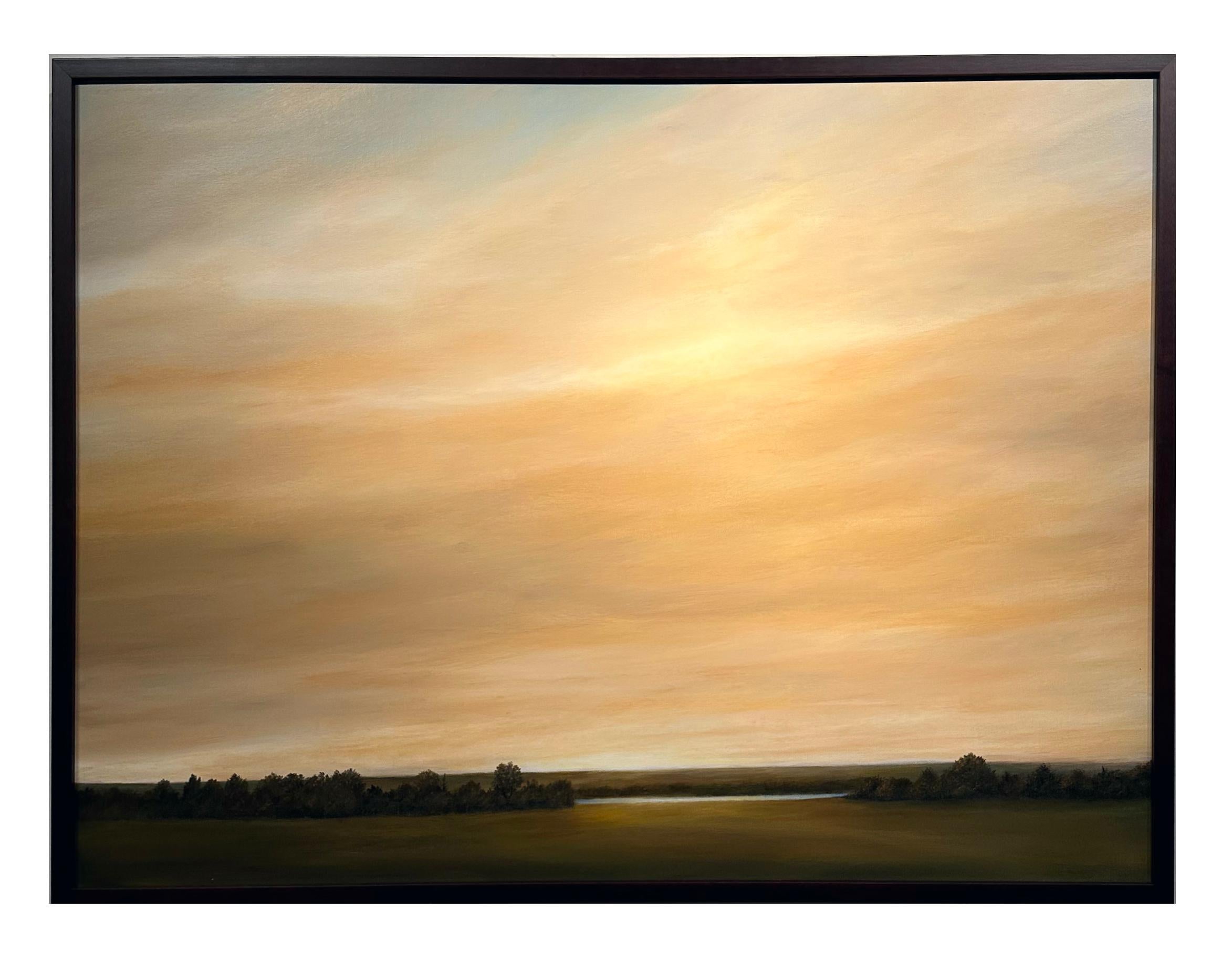 Licht über dem Fluss - Gelbe Himmel über einer minimalistischen Landschaft, Öl, gerahmt