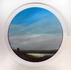 "Looking North Above the River", Oil and Acrylic Paint on Round Canvas, Framed