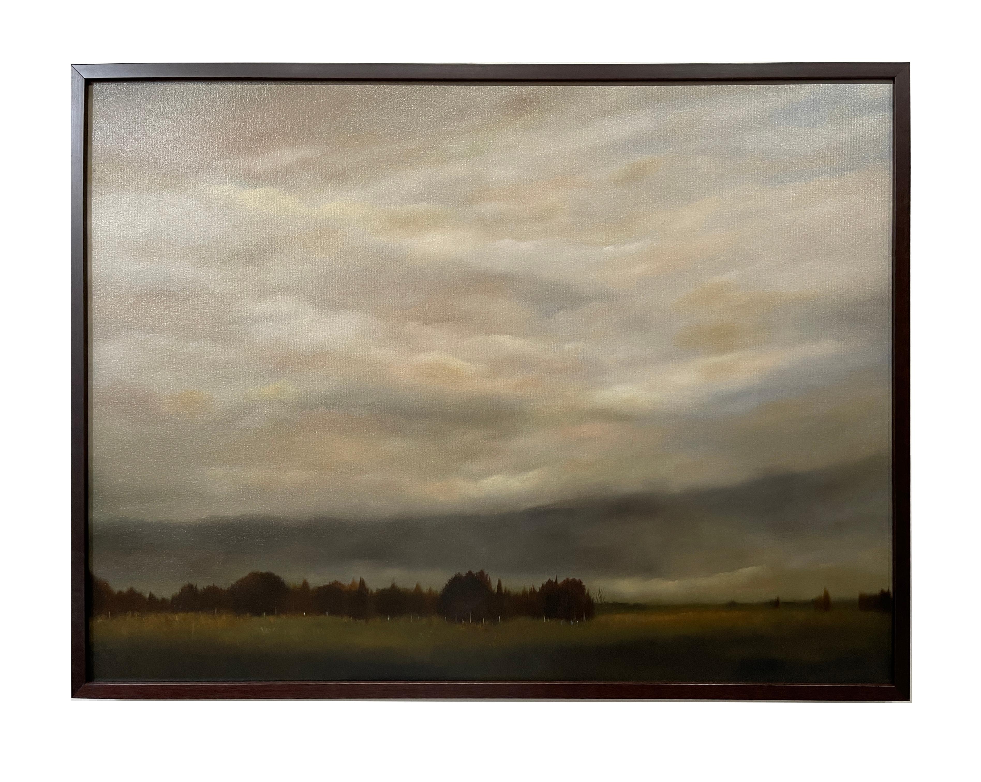 Meadow After the Rain - Serene Landscape with Expansive Stormy Sky - Painting by Ahzad Bogosian