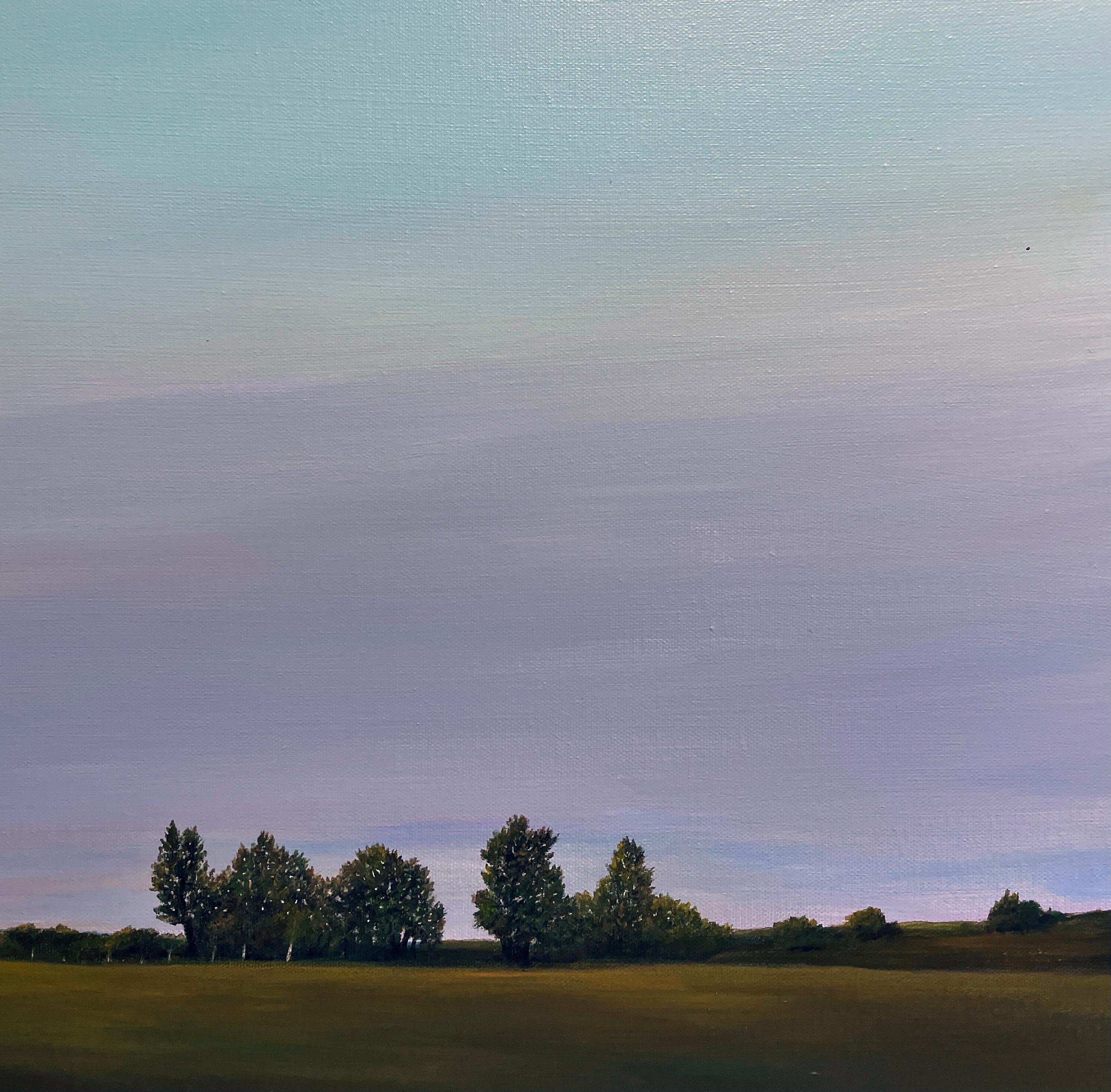 Morning Light, North of Springfield -  Serene Landschaft mit lila Haze, gerahmt (Blau), Landscape Painting, von Ahzad Bogosian