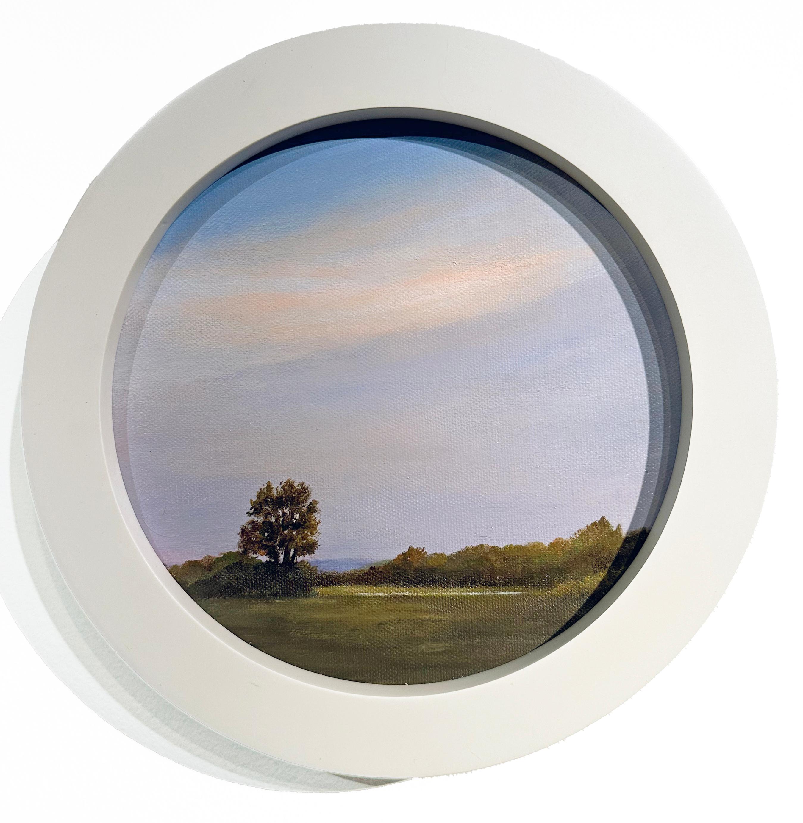 Landscape Painting di Ahzad Bogosian - Vicino al crepuscolo - Quadro circolare di un cielo rosa su un campo, pittura ad olio originale