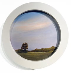 Near Dusk - Circular Painting of Pink skies over field, Original oil painting