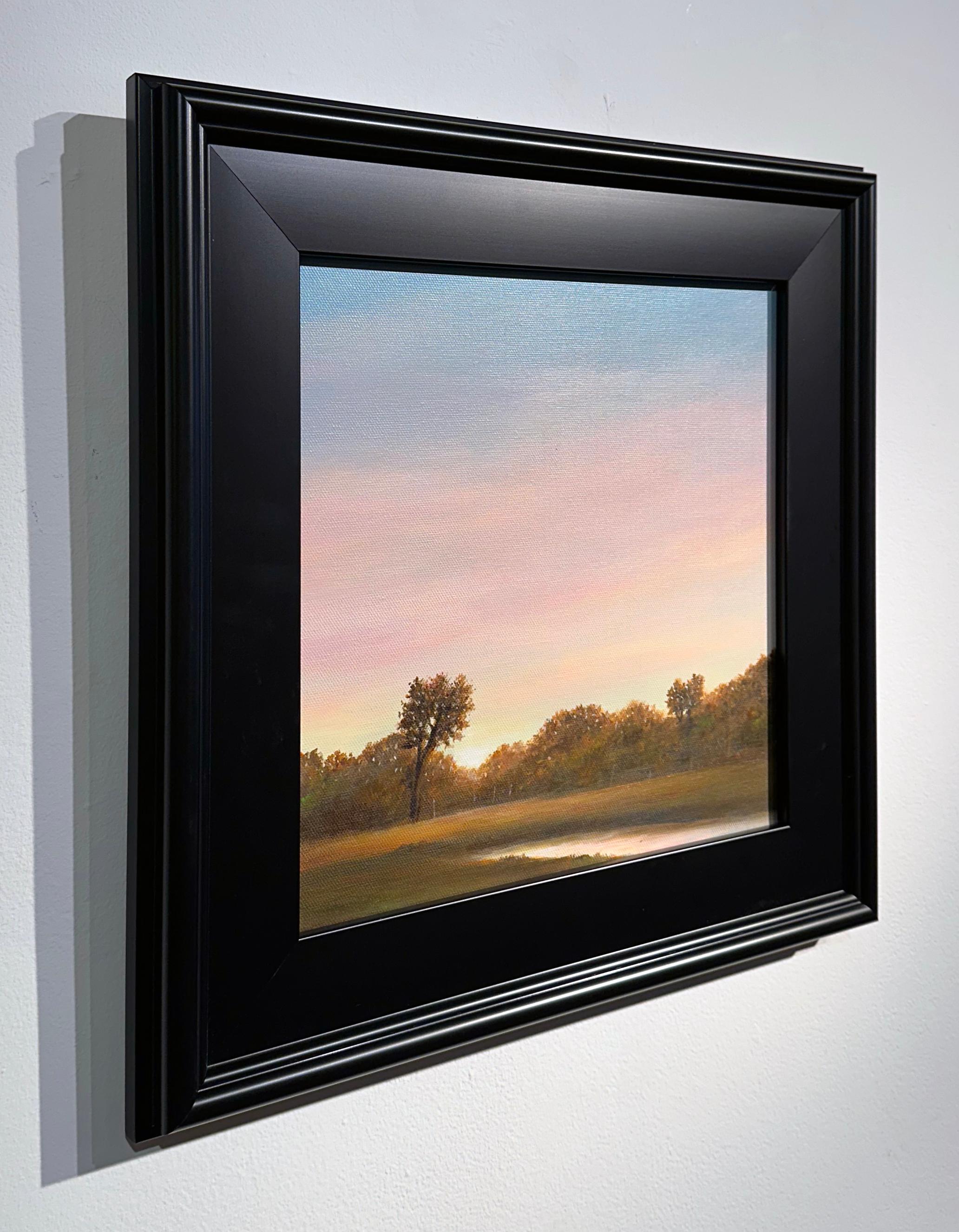 Nuevo Día - Un Horizonte Rosa Sobre Un Paisaje Arbolado, Óleo Original, Enmarcado - Landscape Painting Negro de Ahzad Bogosian