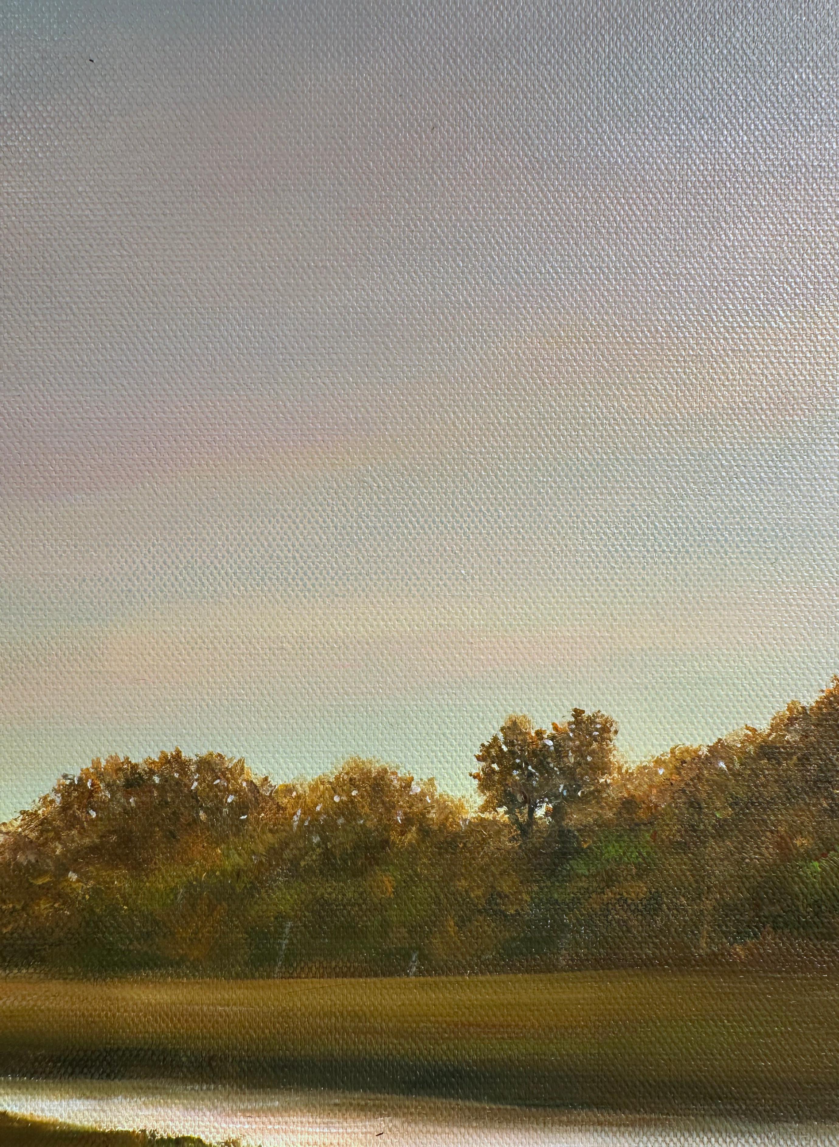 Nuevo Día - Un Horizonte Rosa Sobre Un Paisaje Arbolado, Óleo Original, Enmarcado en venta 1