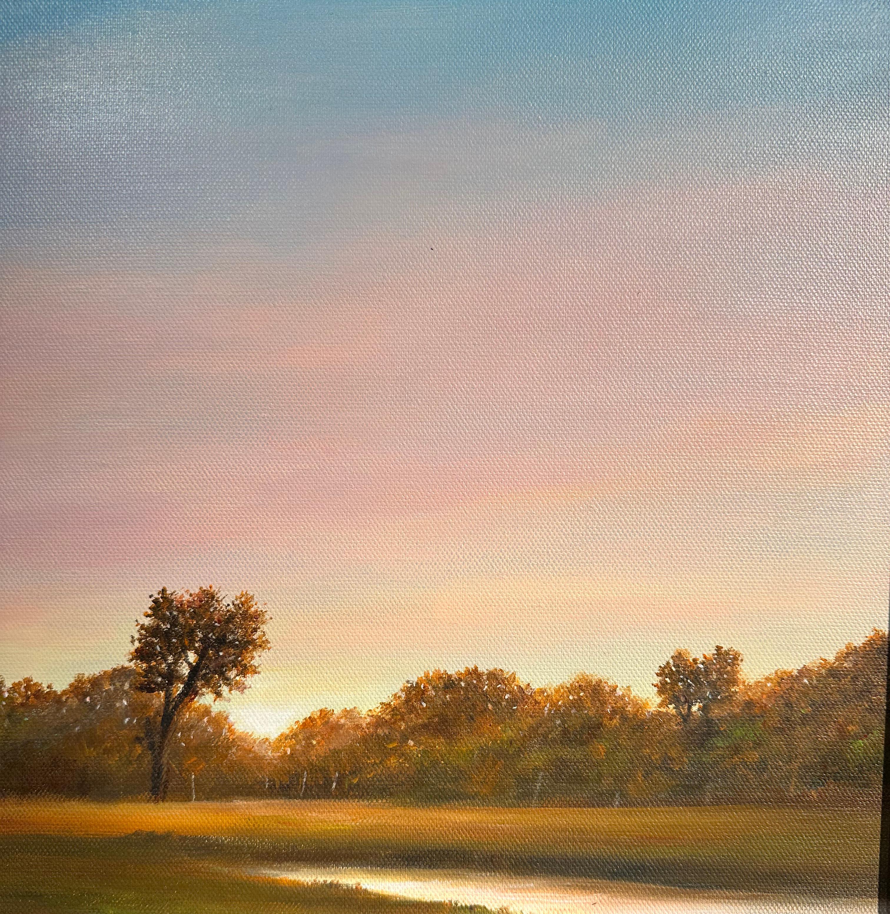 Nuevo Día - Un Horizonte Rosa Sobre Un Paisaje Arbolado, Óleo Original, Enmarcado en venta 2