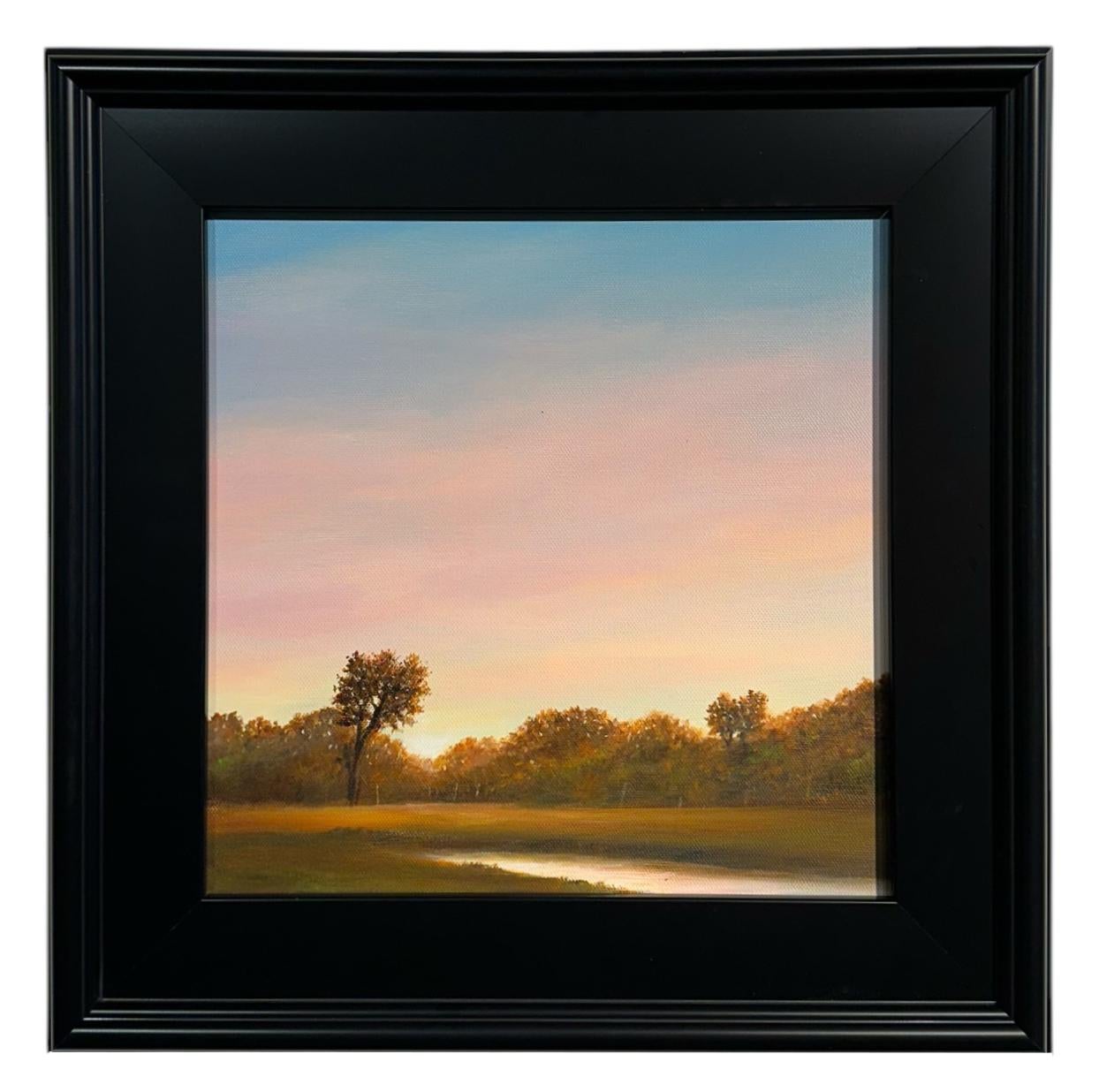 Landscape Painting de Ahzad Bogosian - Nuevo Día - Un Horizonte Rosa Sobre Un Paisaje Arbolado, Óleo Original, Enmarcado