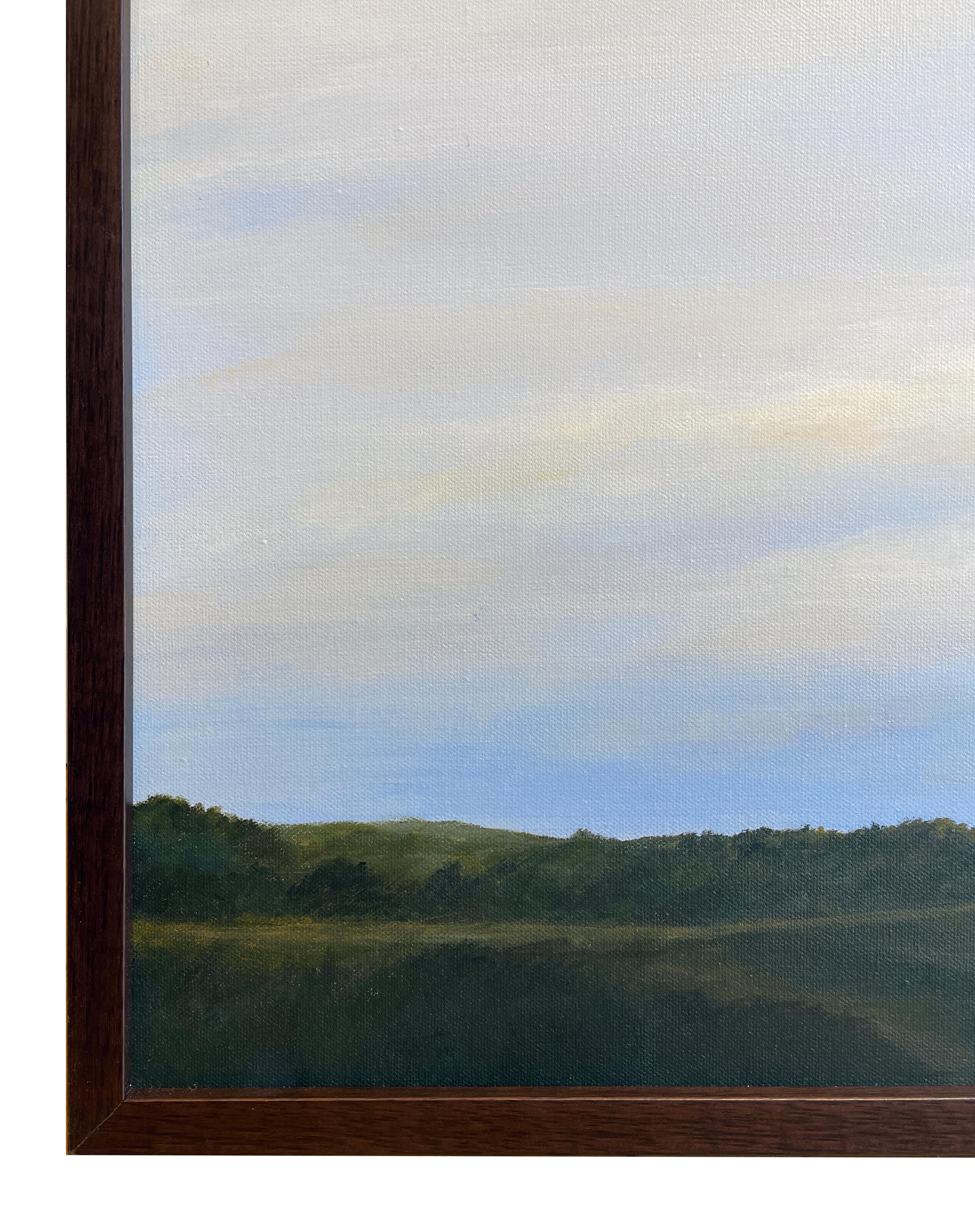 Overlook and Valley - Peinture à l'huile originale encadrée d'un ciel serein et rempli de nuages - Gris Landscape Painting par Ahzad Bogosian