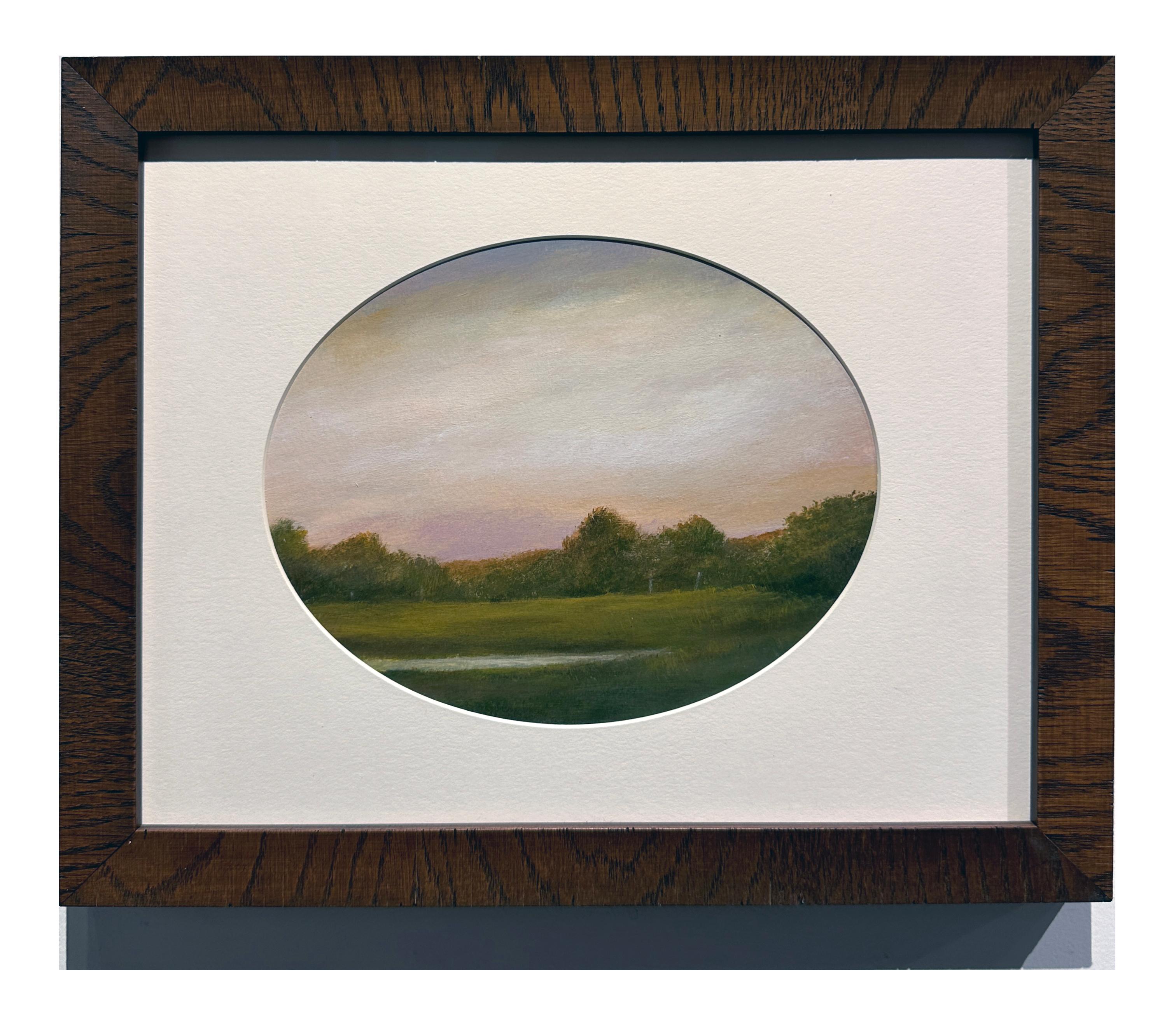 Teich und Wolken – ruhige Landschaft, Teich mit Holzumrandung und verträumtem Himmel – Painting von Ahzad Bogosian