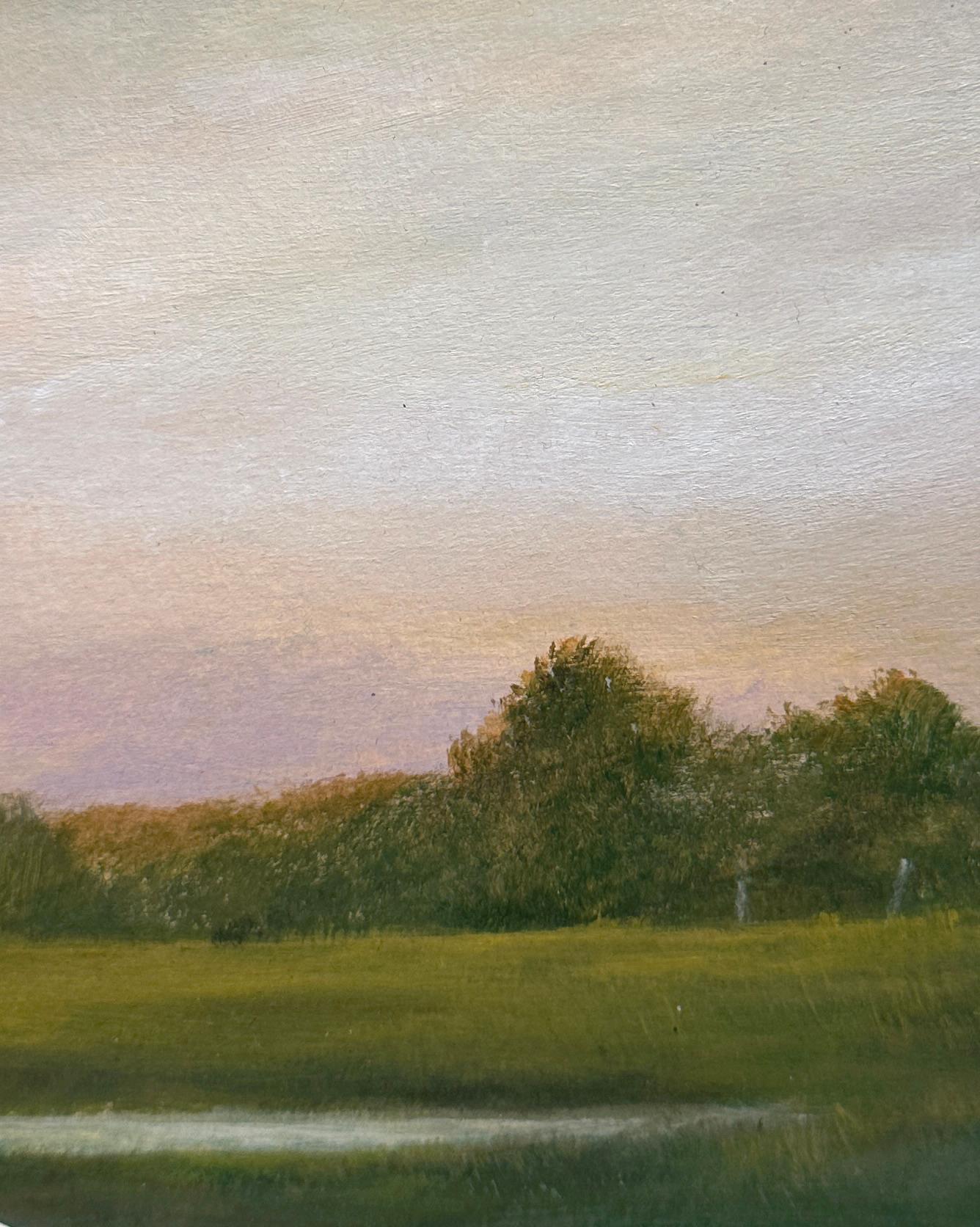 The sun sets over a wooded grove in this serene Midwestern landscape as only Ahzad Bogosian can capture.  This tranquil landscape, devoid of any human interaction, captures the complexities and beauty of mother nature.  This small painting is matted