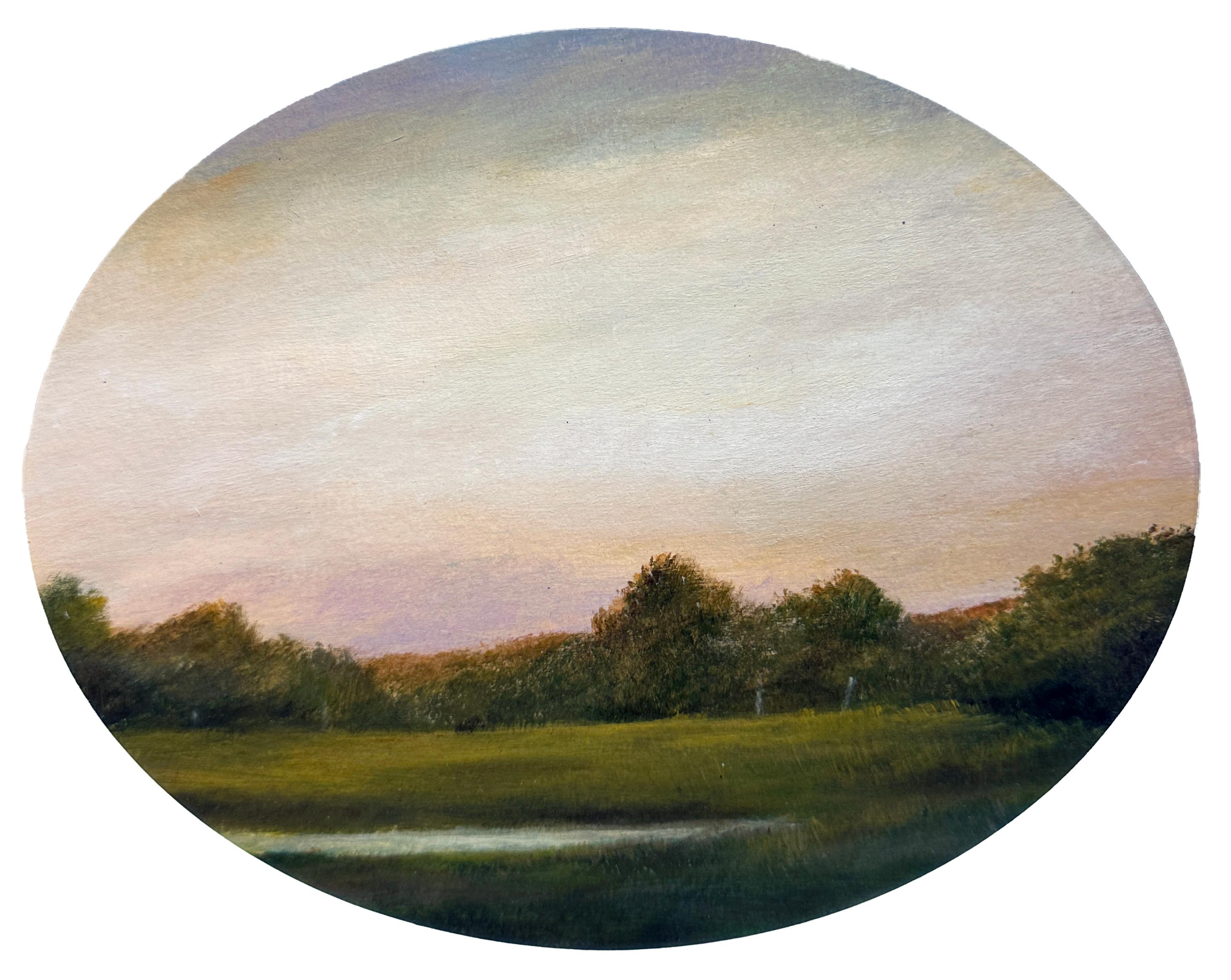 Ahzad Bogosian Landscape Painting – Teich und Wolken – ruhige Landschaft, Teich mit Holzumrandung und verträumtem Himmel