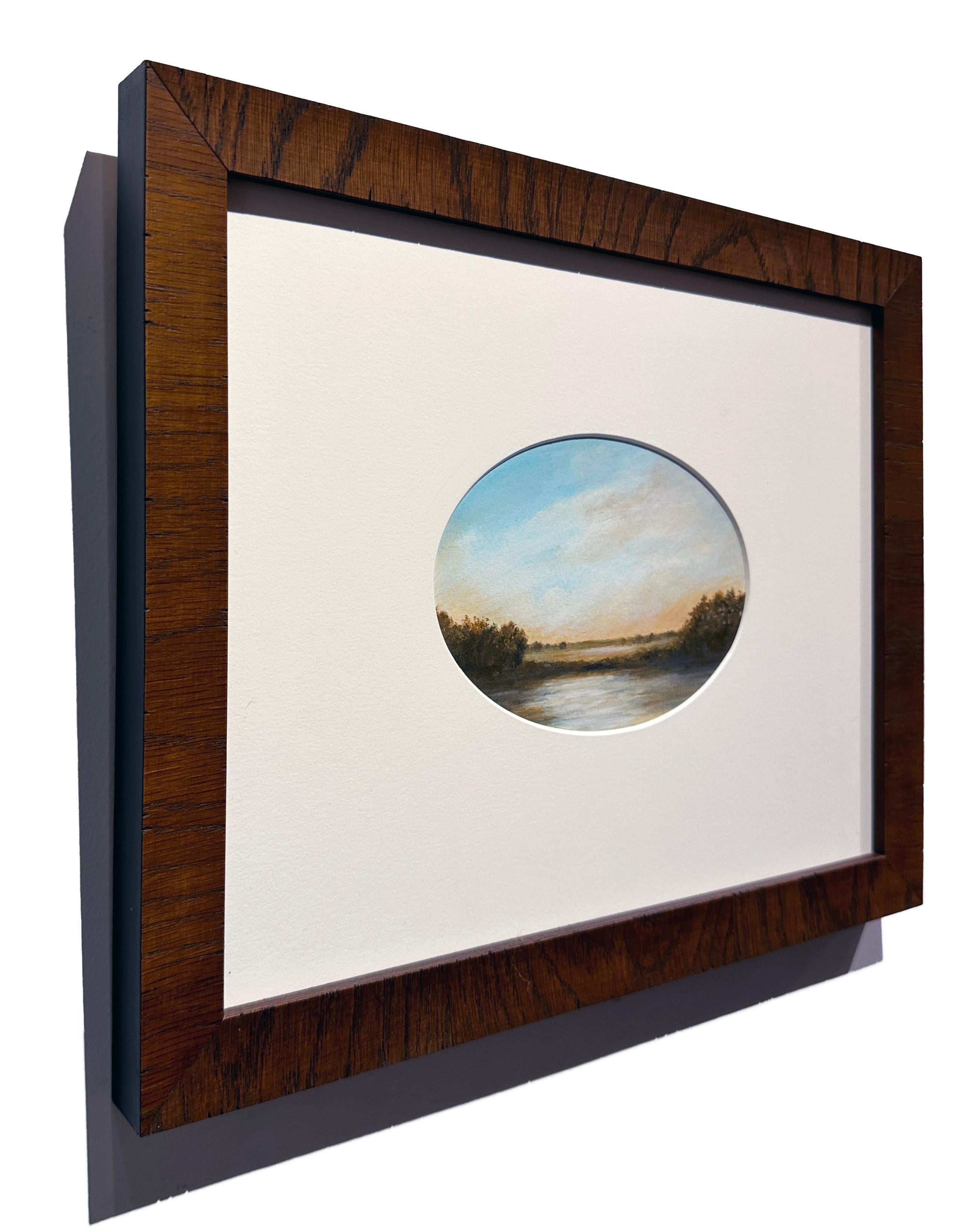 Teich – ruhige Landschaft, Sonne nur am Horizont, wolkengefüllter Himmel (Zeitgenössisch), Painting, von Ahzad Bogosian