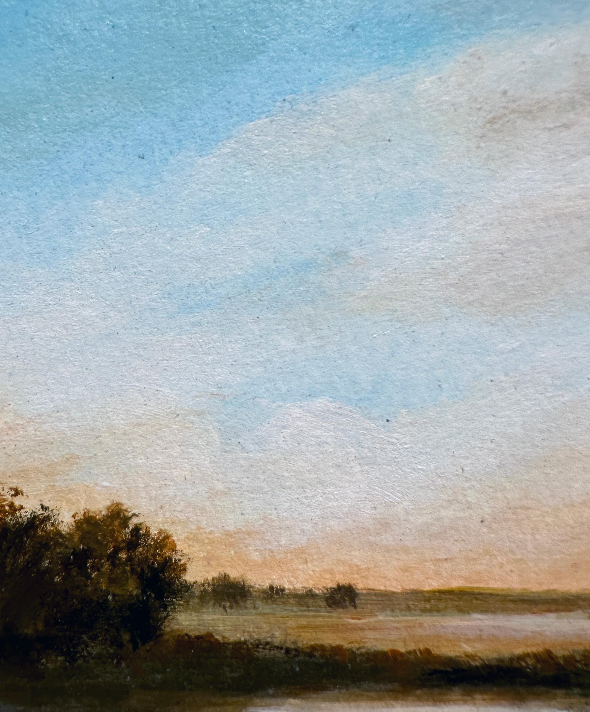 Teich – ruhige Landschaft, Sonne nur am Horizont, wolkengefüllter Himmel im Angebot 3