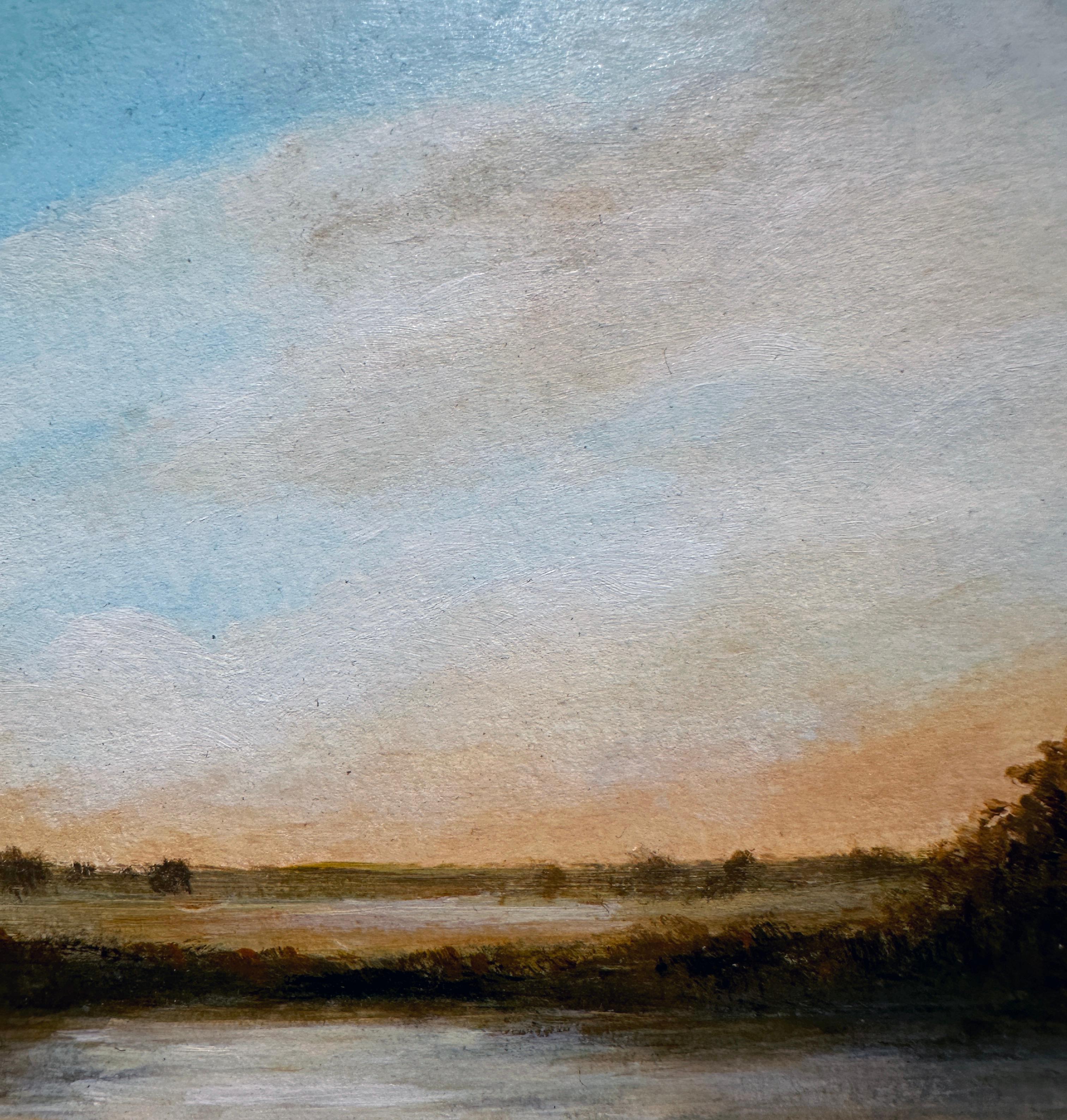 Teich – ruhige Landschaft, Sonne nur am Horizont, wolkengefüllter Himmel im Angebot 4