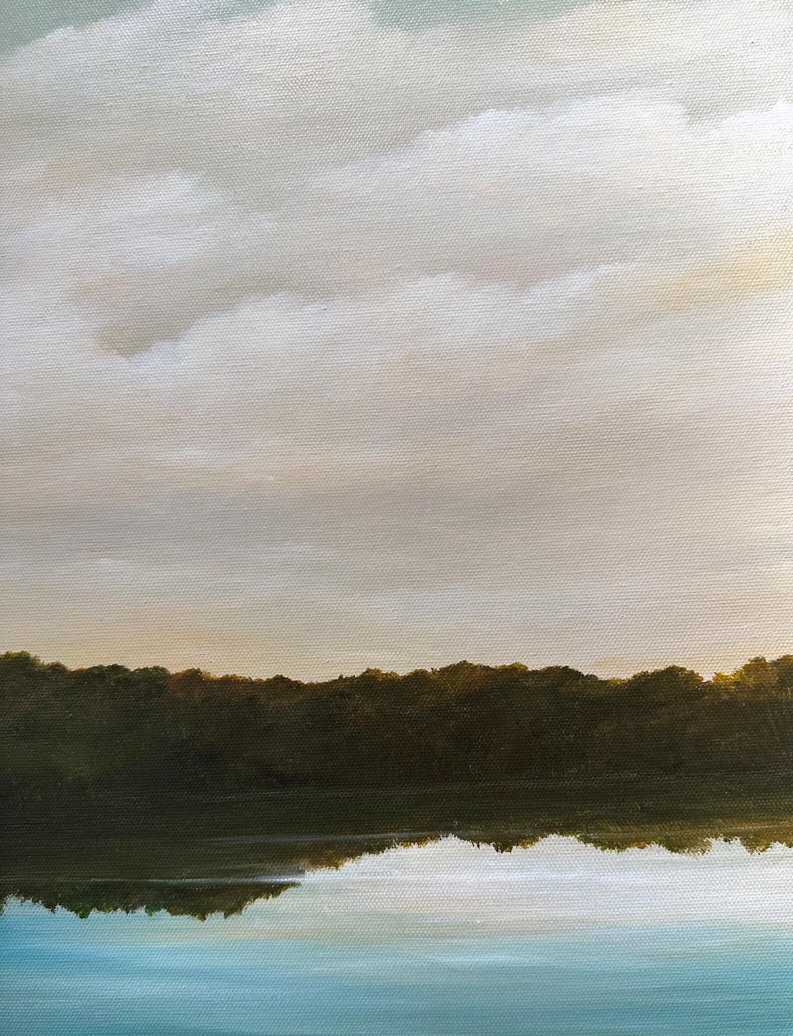 Riva del fiume - Paesaggio drammatico, nuvole bianche e soffici sul fiume, olio originale - Painting Contemporaneo di Ahzad Bogosian